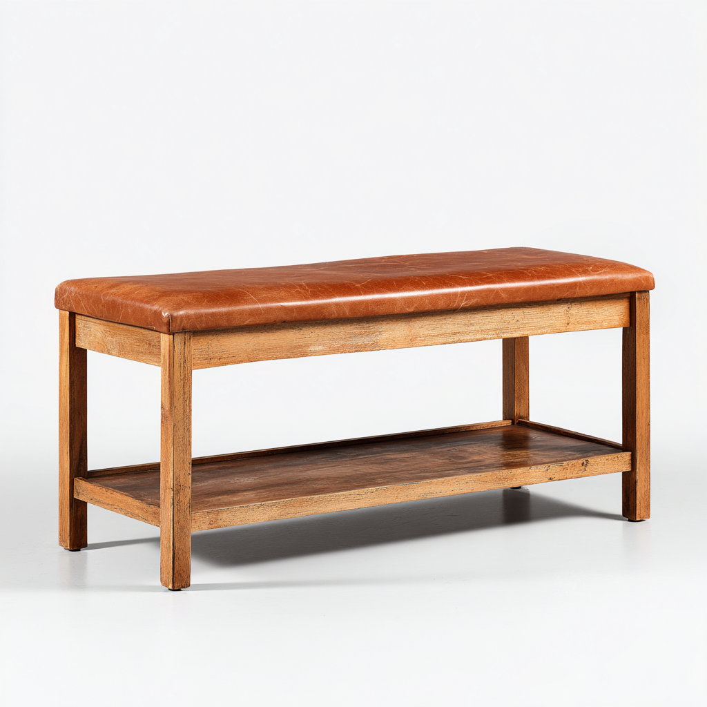 Banco de entrada madera y asiento de piel 104x36x47 cm - marrón cuero-madera natural - diseño rústico funcional-Homiuphaus