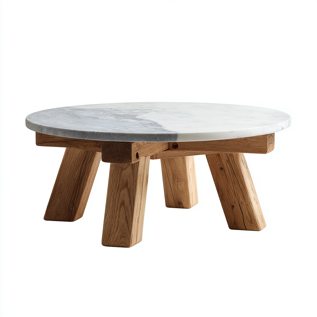 Mesas de jardín redonda mármol y madera 85x85x42 cm - marrón-blanco - diseño contemporáneo-Homiuphaus