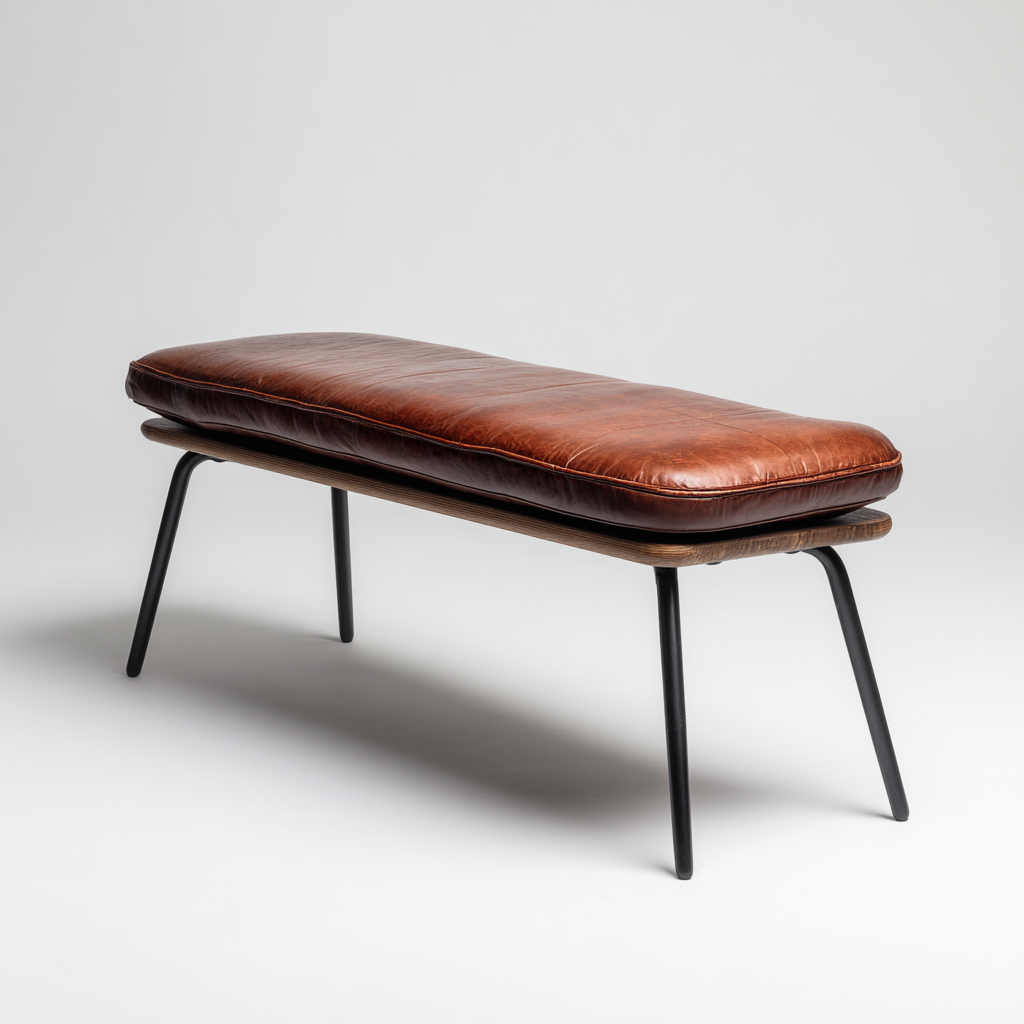 Banco de entrada metal, madera y asiento de piel 110x40x47 cm - marrón cuero-negro - diseño contemporáneo acolchado-Homiuphaus