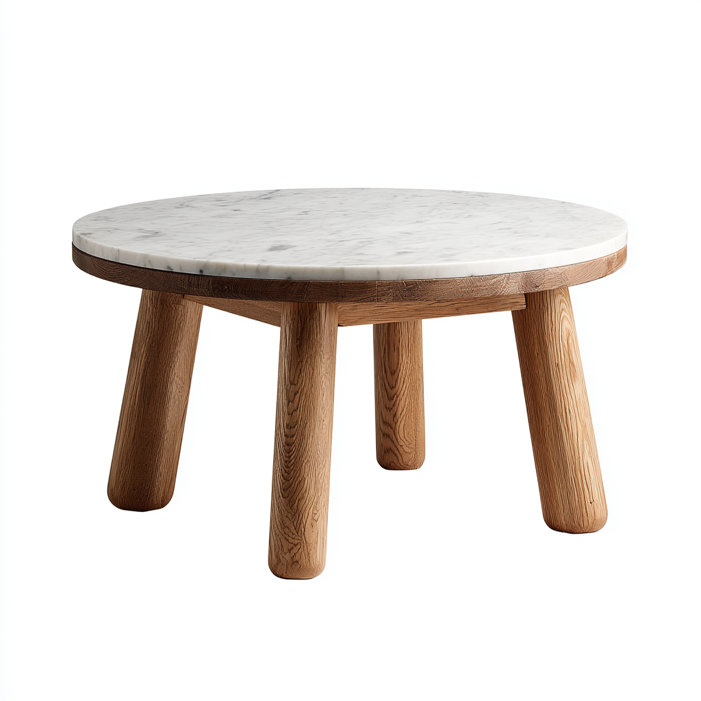 Mesa de jardín redonda con tablero de mármol y patas de madera 70x70x48 cm - marrón-blanco - diseño natural-Homiuphaus