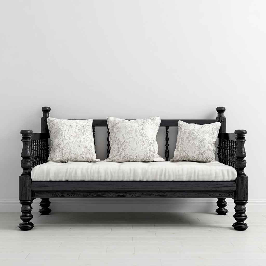 Sofá cama de madera tallada con colchón blanco 200x85x78 cm - negro-blanco - diseño clásico-Homiuphaus