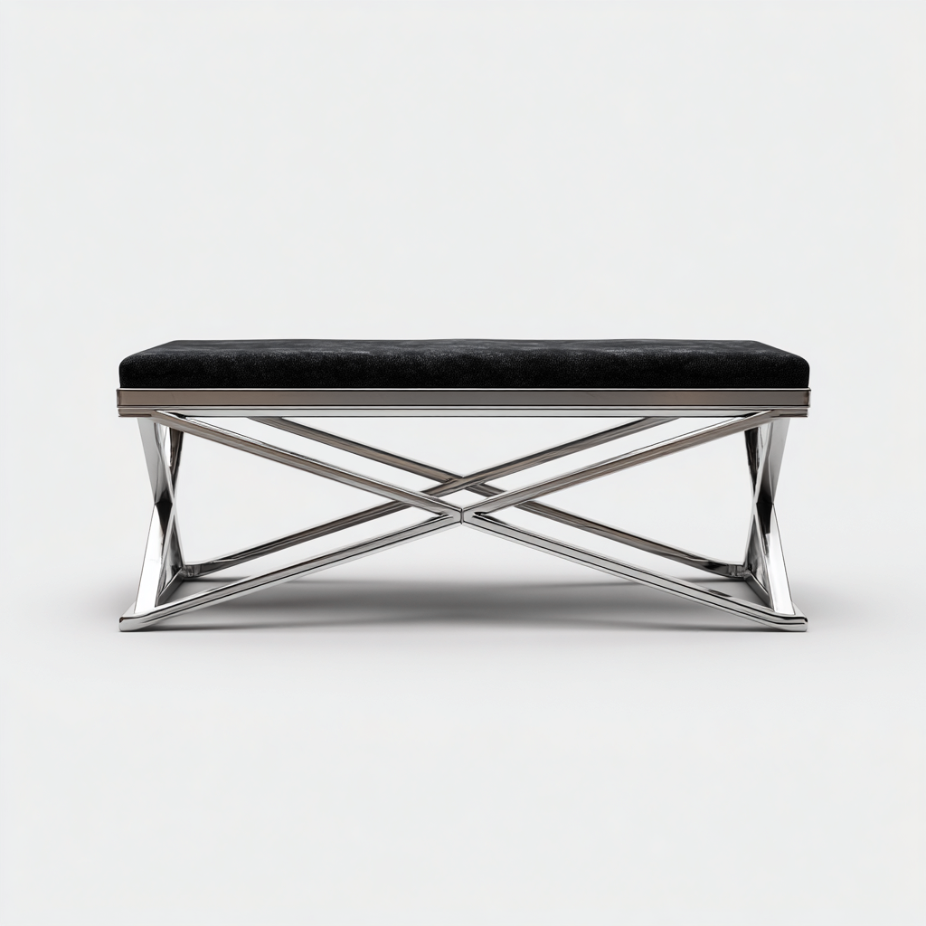 Banco de entrada 110x40x48 cm - base plateada y asiento negro - diseño moderno metálico-Homiuphaus