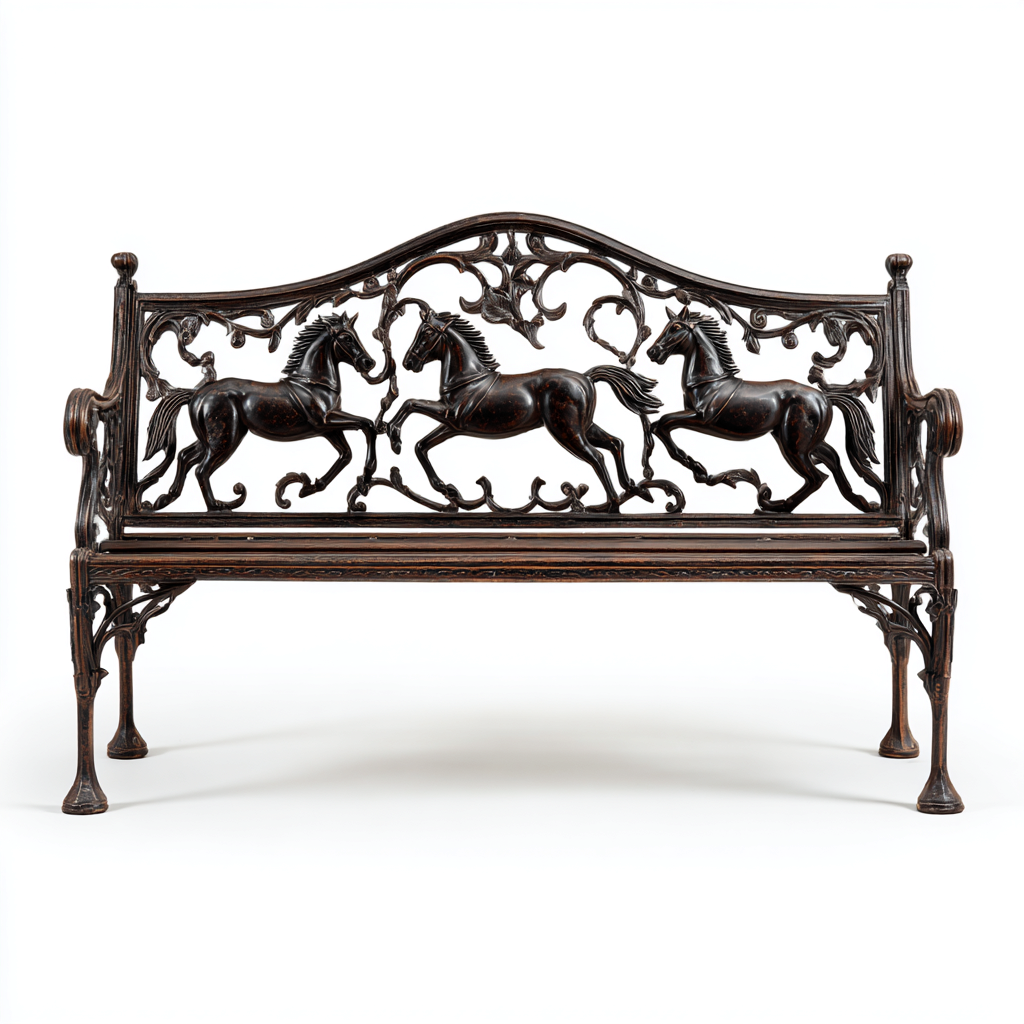 Banco de jardín de metal con respaldo decorativo de caballos 142x59x92 cm - bronce oscuro - diseño artístico-Homiuphaus