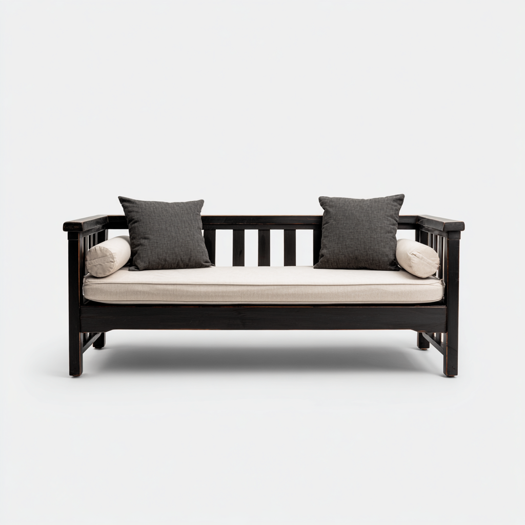 Sofá cama de madera maciza con colchón beige 195x80x75 cm - negro-beige - diseño funcional-Homiuphaus