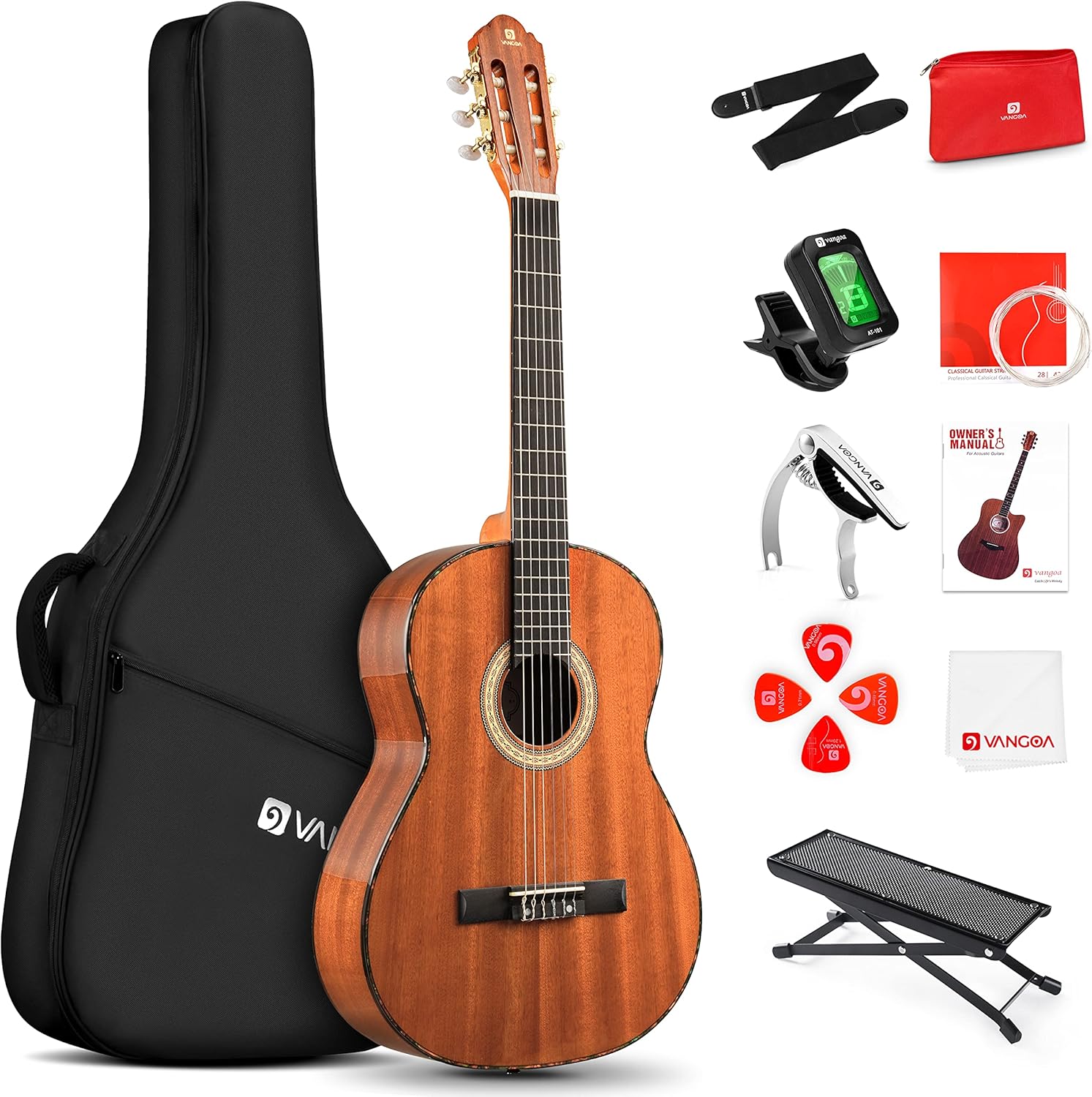 Vangoa guitarra clásica española 4 4 Starter Set - sapeli marrón cuerdas de nailon estuche pedal y afinador-Havenupyard