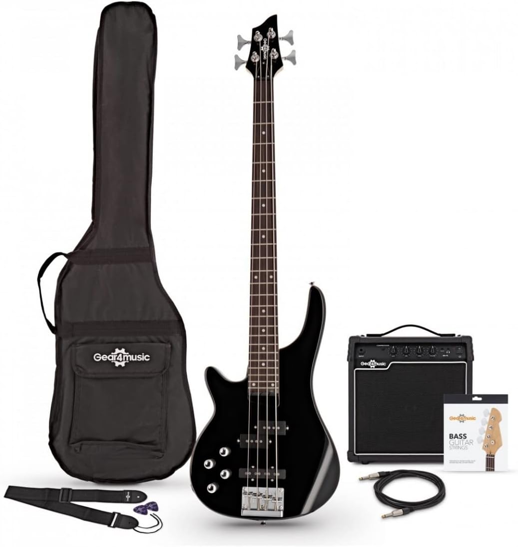 Gear4music Chicago bajo eléctrico para zurdos - kit negro con amplificador 15W cuerpo Paulownia y mástil de arce-Havenupyard