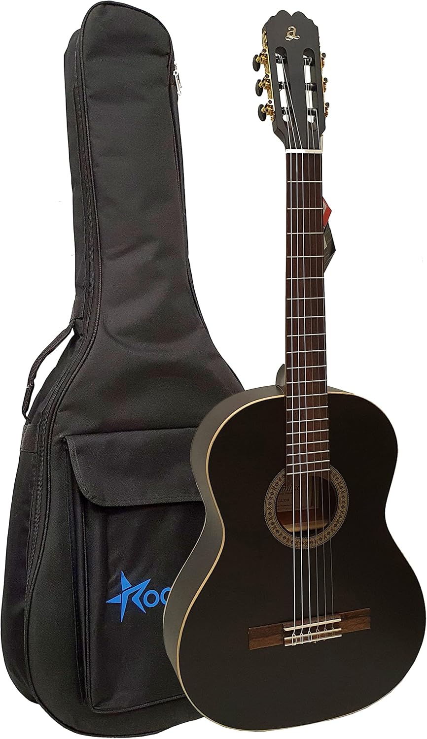 Admira Luna guitarra española clásica 4 4 - acabado negro Luxe funda acolchada tapa de abeto y cuerdas de nailon-Havenupyard