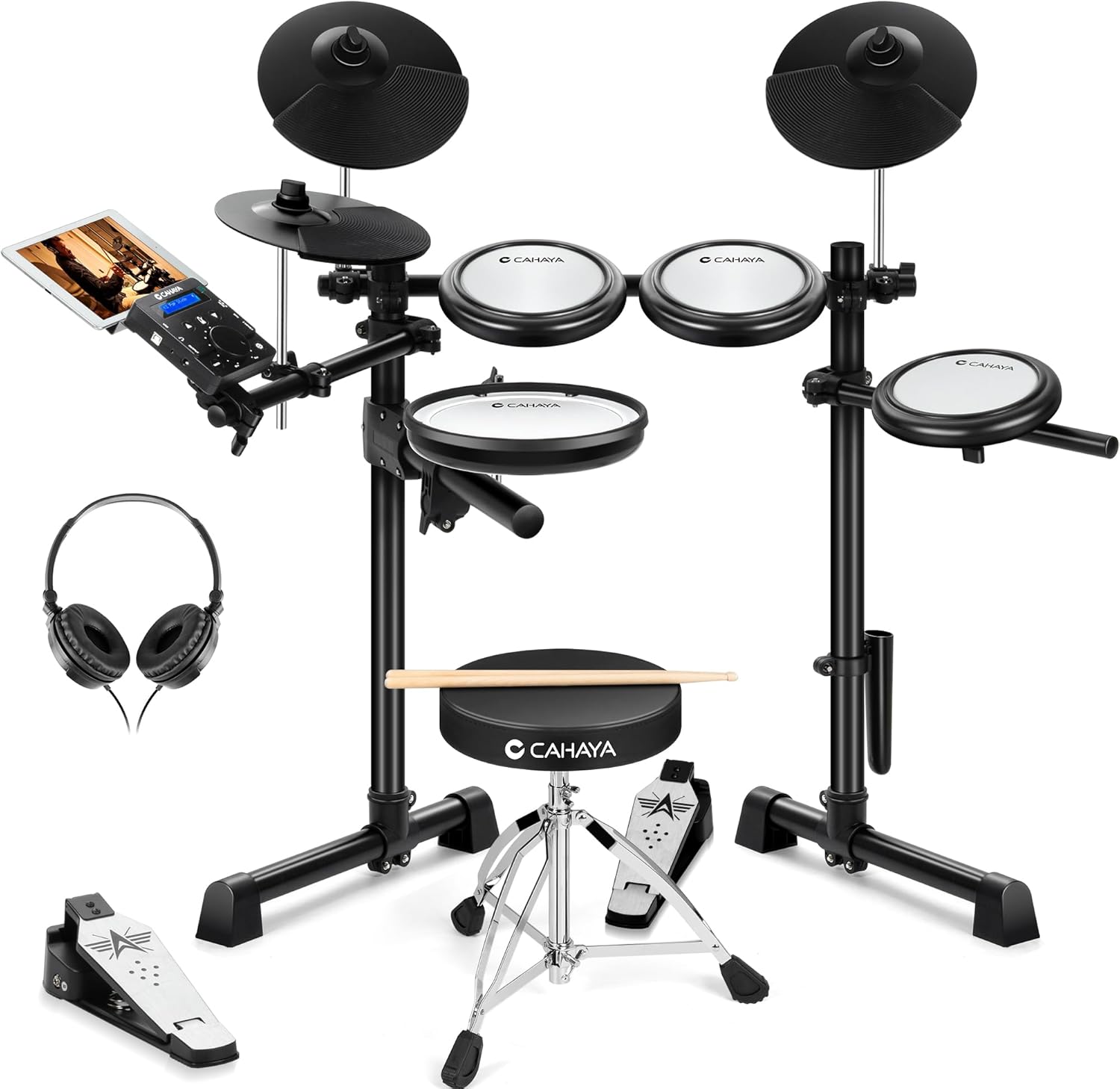 Batería electrónica CAHAYA CY000410 EU - pads de malla - dual trigger - 350 sonidos - kit completo para principiantes-Havenupyard