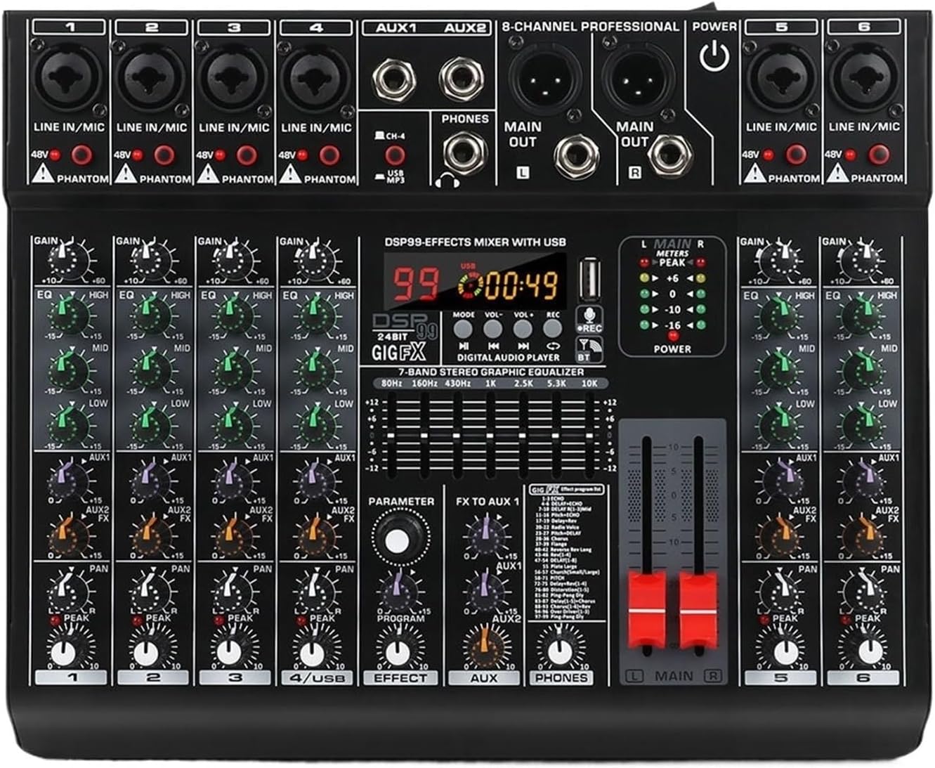 Mezclador de audio profesional de 6 canales - 99 efectos DSP ecualizador de 7 bandas phantom 48 V y grabación USB-Havenupyard