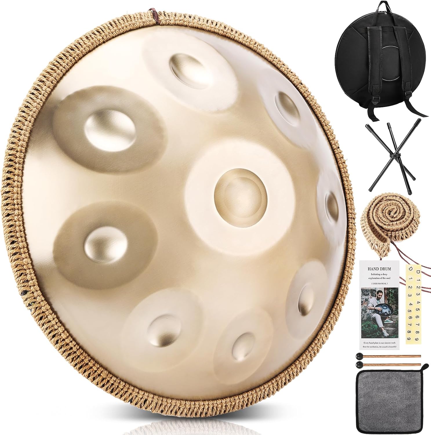 Handpan 22 pulgadas 9 notas - Tambor de acero dorado Re menor - Percusión para sanación sonido yoga-Havenupyard