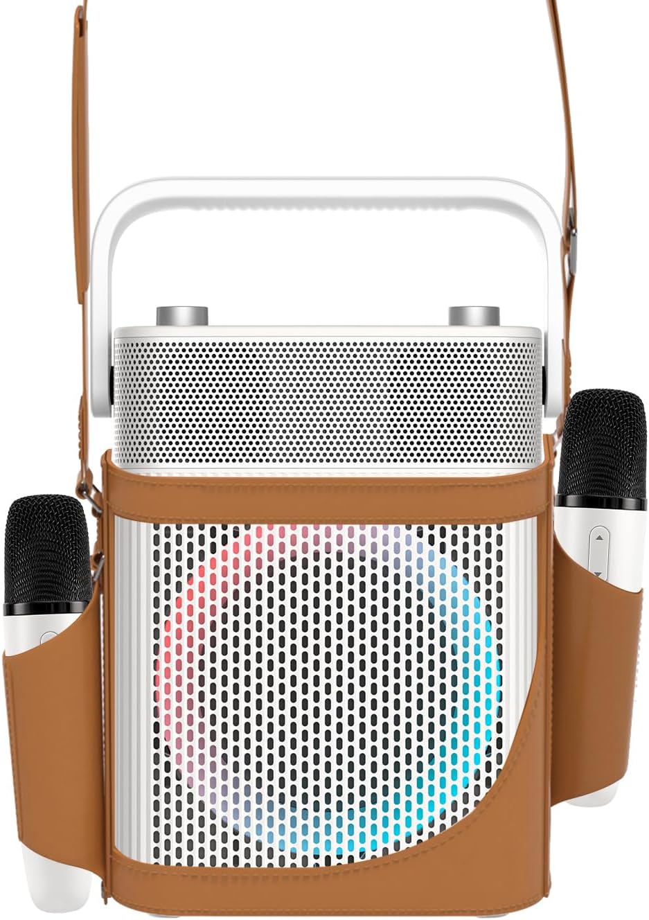 Máquina de karaoke portátil - 2 micrófonos inalámbricos UHF - Altavoz Bluetooth IPX4 blanco con luces y bolsa-Havenupyard