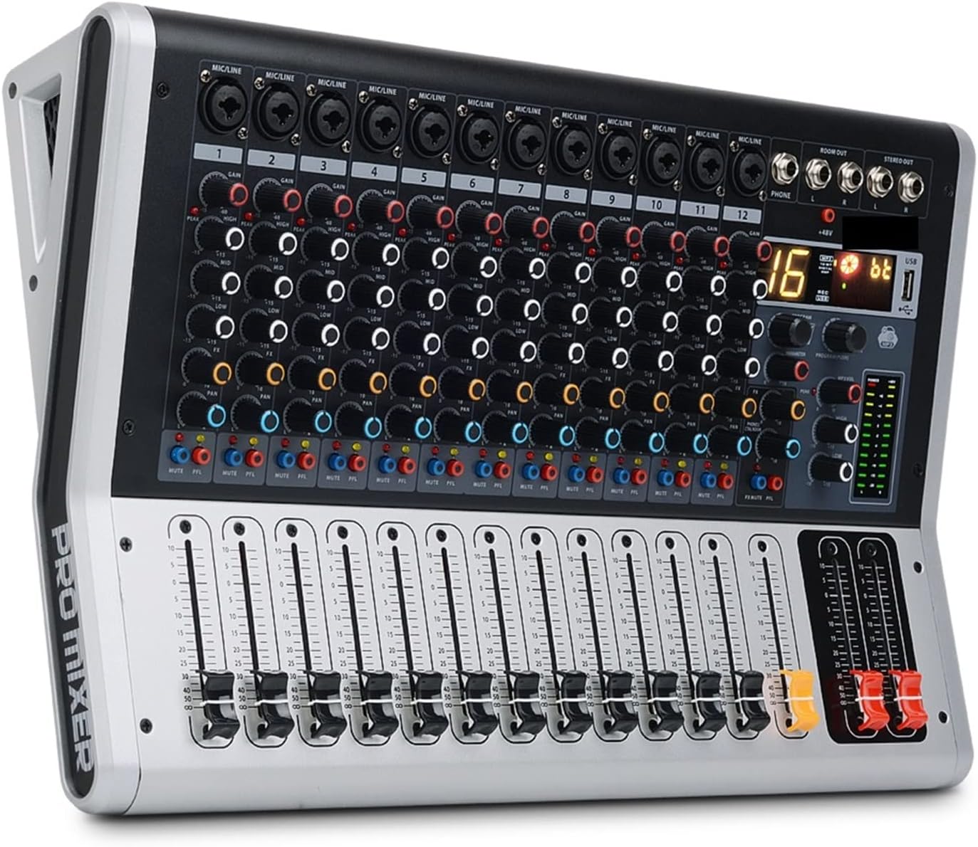 Consola profesional de mezcla de 12 canales - pantalla digital Bluetooth grabación PFL mute y 16 efectos DSP-Havenupyard