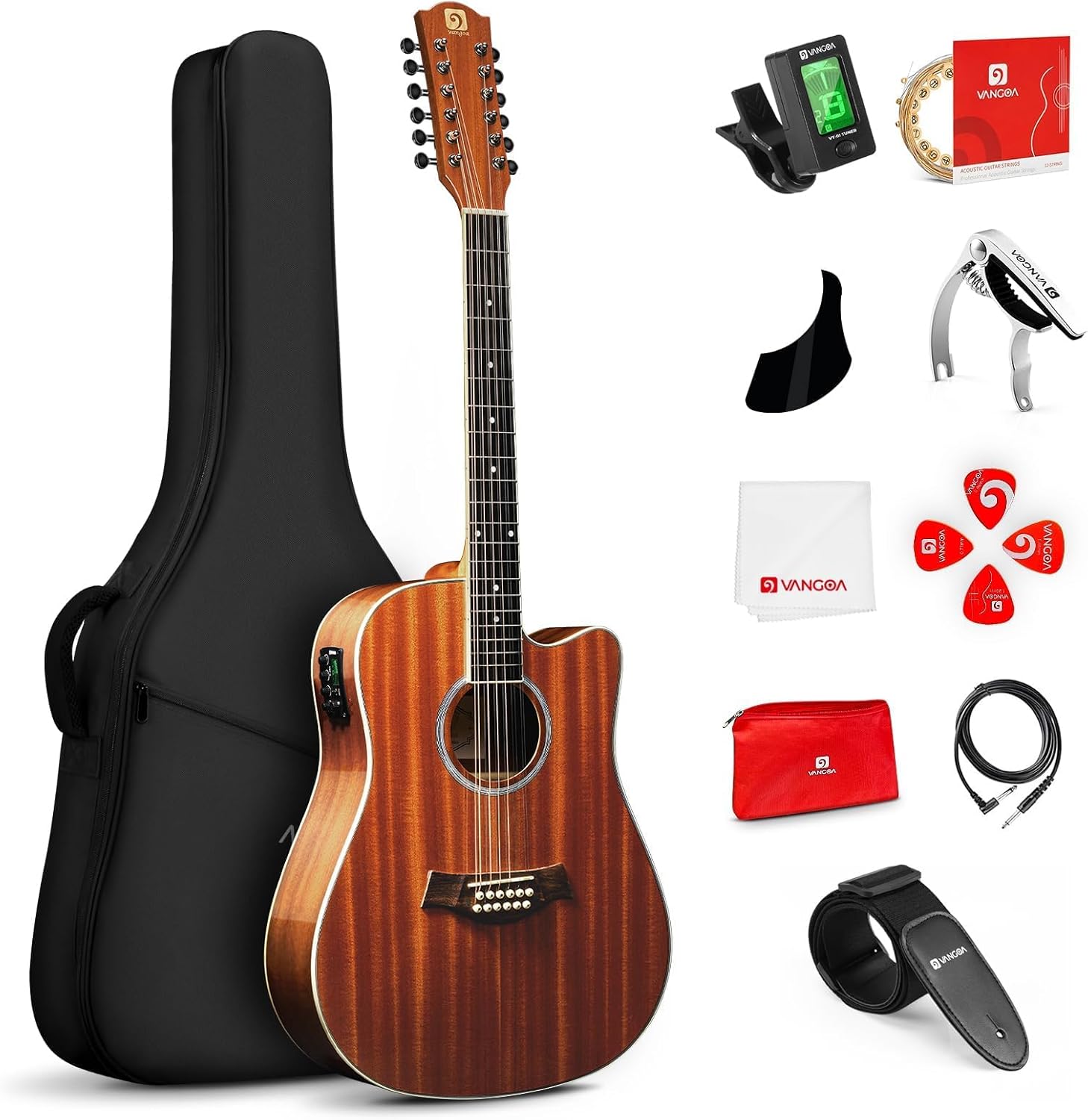 Vangoa 12 Cuerdas - Guitarra electroacústica 4 cuartos de sapeli dreadnought - ecualizador de 4 bandas - marrón-Havenupyard
