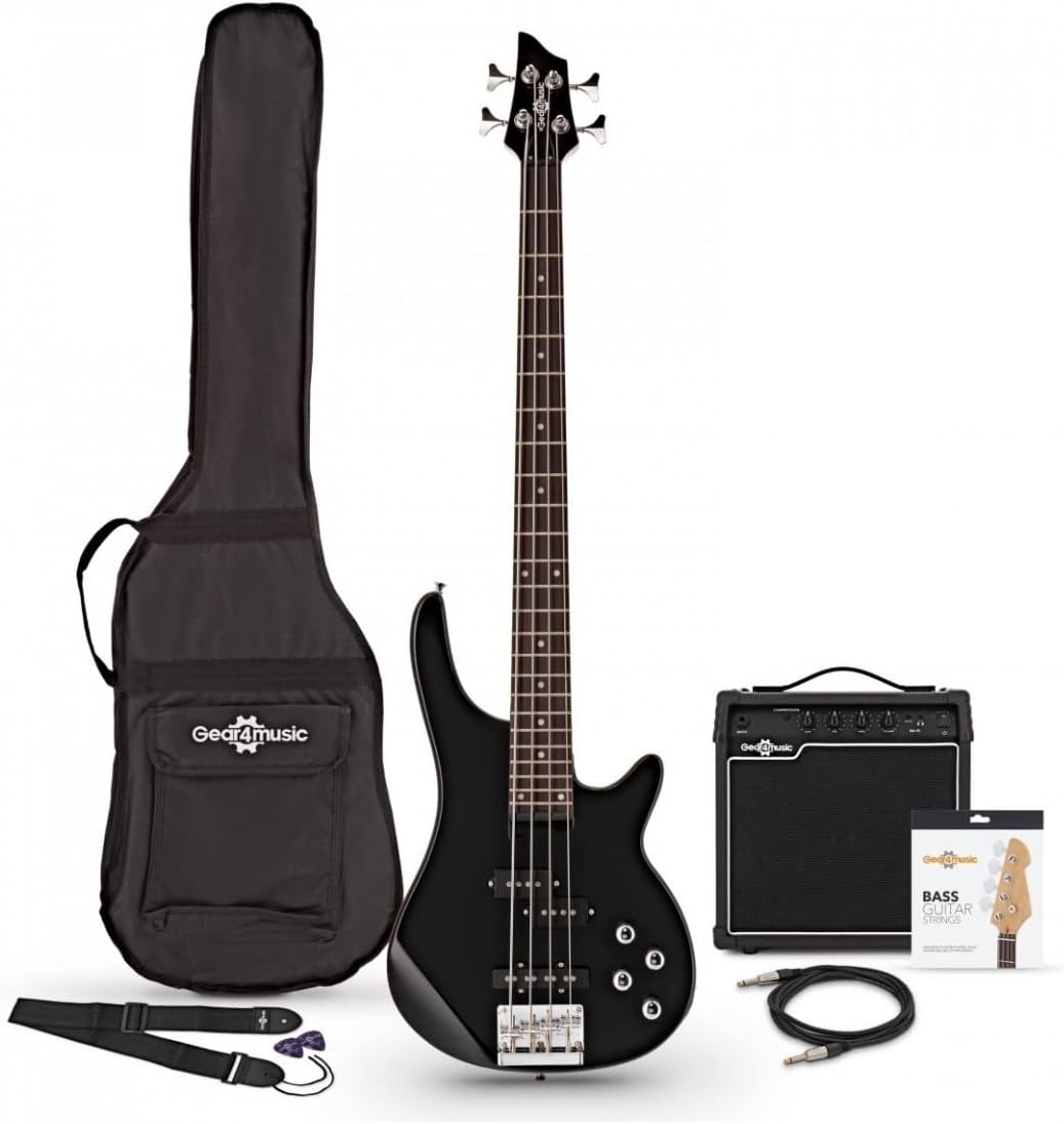 Bajo eléctrico Chicago Gear4music - 4 cuerdas - amplificador 15 W incluido - acabado negro - tamaño completo-Havenupyard