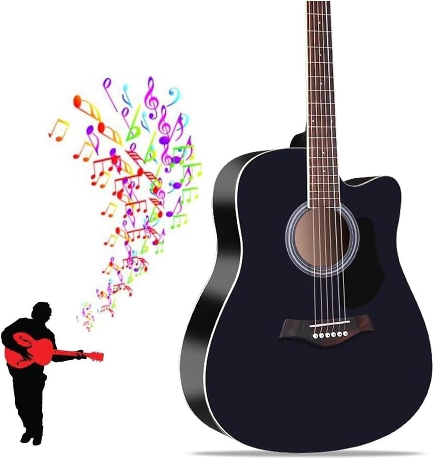 Paquete de guitarra acústica cutaway para principiantes - 41 pulgadas color negro con bolsa cuerdas y correa-Havenupyard
