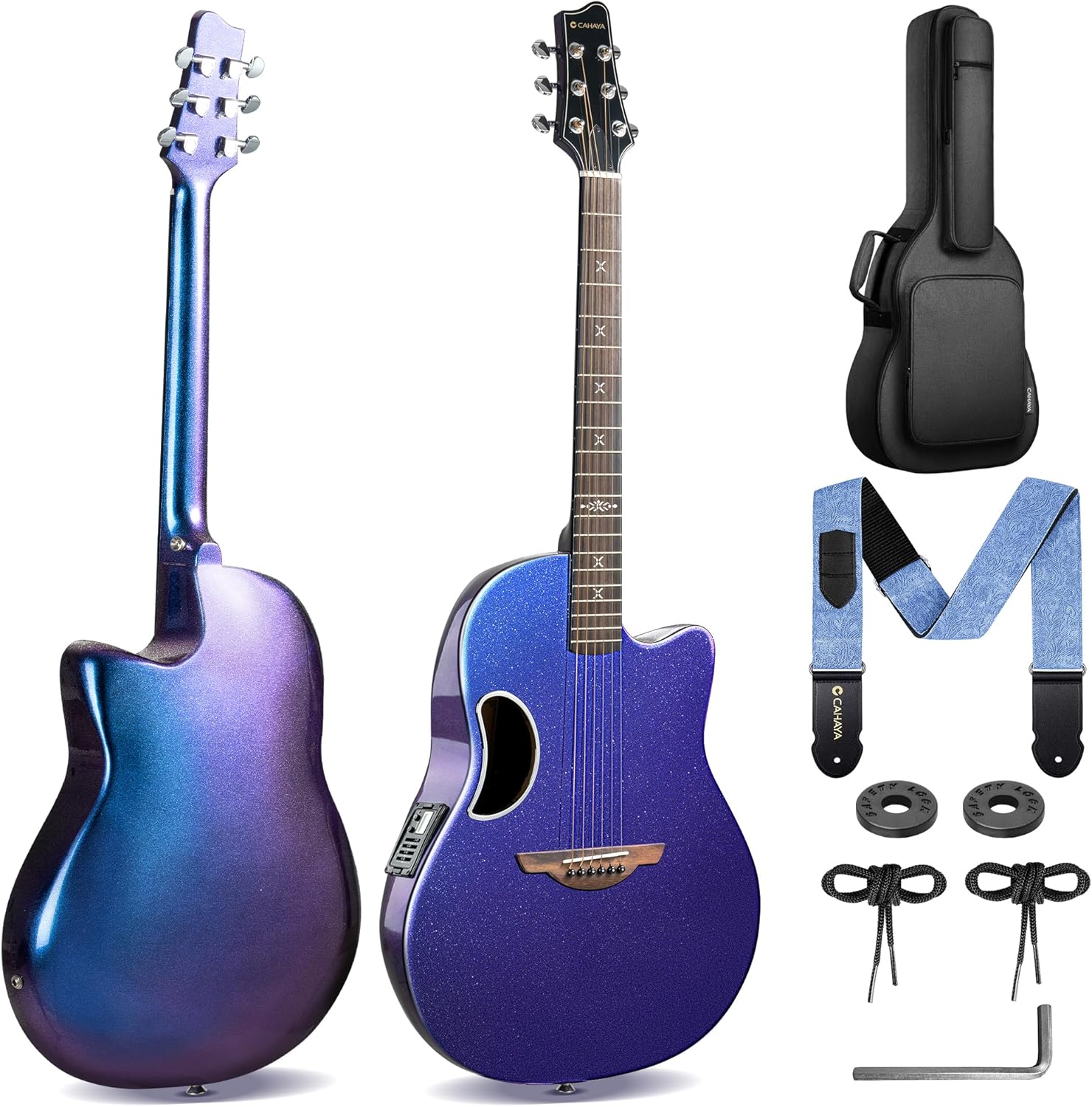 CAHAYA Kit de guitarra electroacústica - fibra de carbono azul púrpura - pastilla incorporada con funda y correa-Havenupyard