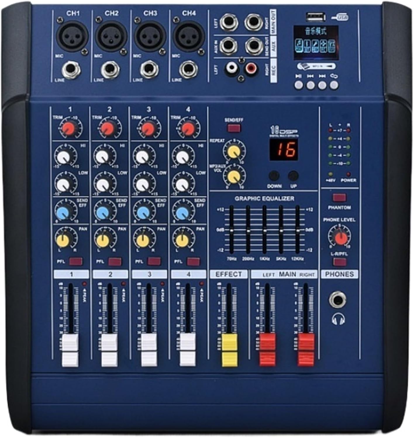 Paulkitson 402D mezclador de audio profesional de 4 canales - consola USB con amplificador y phantom 48 V-Havenupyard