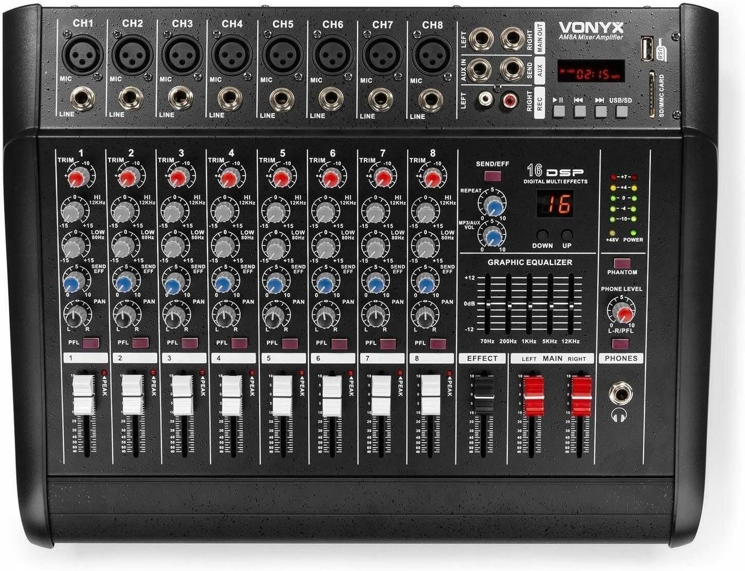 VONYX AM8A - Mezclador de 8 canales con amplificador - 2 por 500 W - Bluetooth USB SD y ecualizador de 5 bandas-Havenupyard