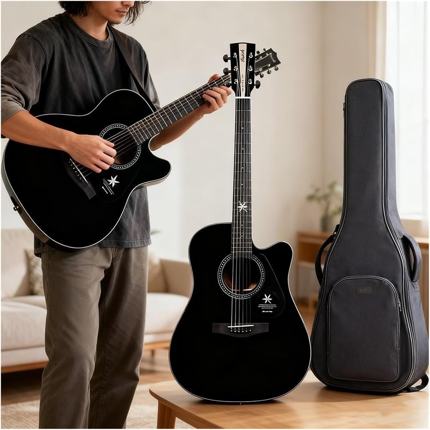 Guitarra acústica de 41 pulgadas para principiantes - Kit seccionado negro - Estuche, correa y cejilla incluidos-Havenupyard
