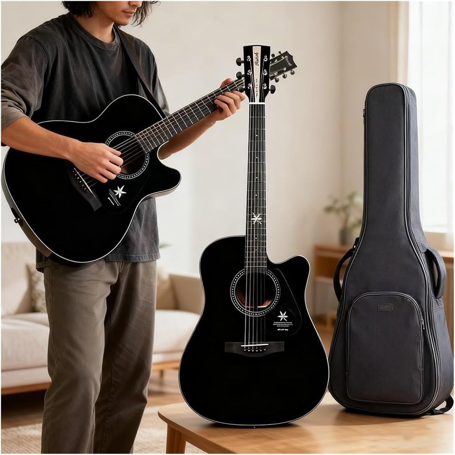 Guitarra acústica de 41 pulgadas para principiantes - Kit seccionado negro - Estuche, correa y cejilla incluidos-Havenupyard