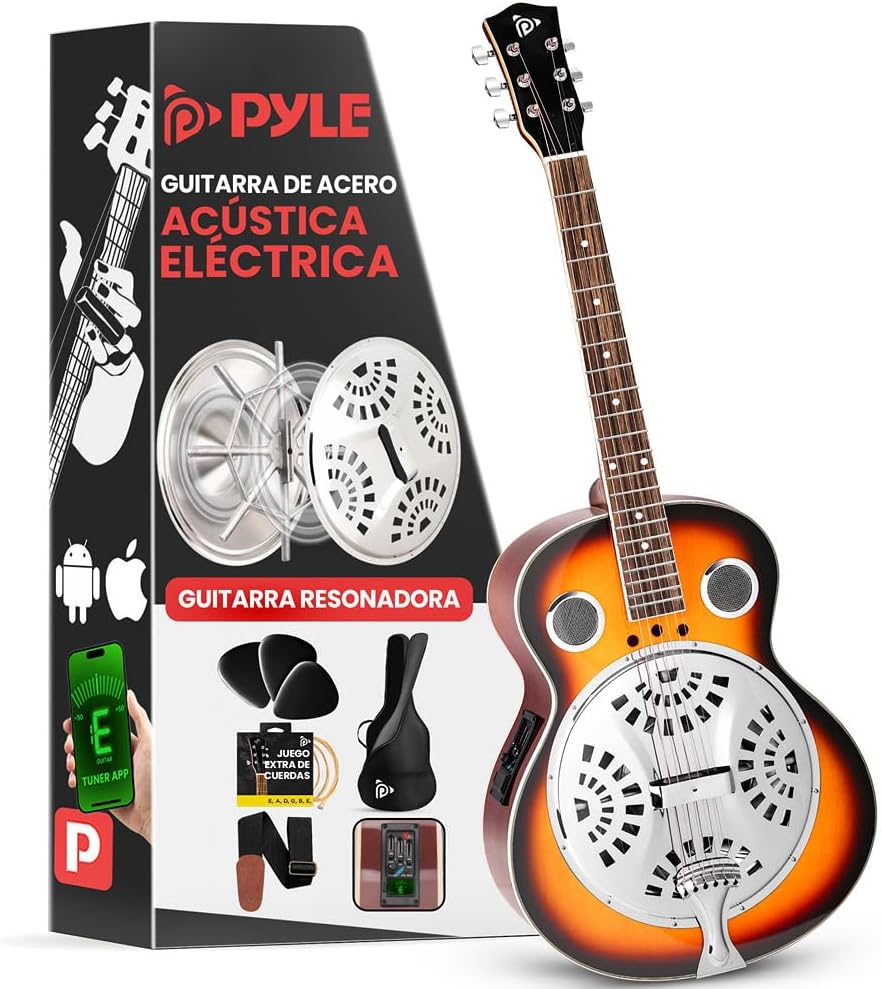 Pyle Resonador Tradicional - Guitarra electroacústica de 6 cuerdas Orange Burst - Preamplificador y accesorios-Havenupyard