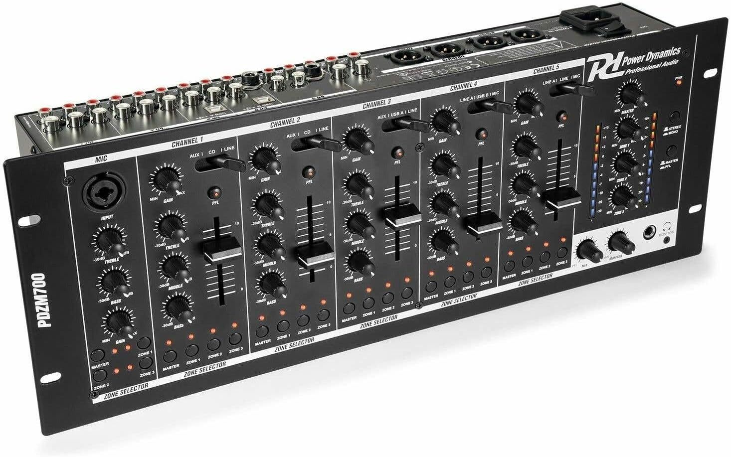 Power Dynamics PDZM700 - Mixer de 6 canales para rack - doble USB tipo B - ecualizador y salidas XLR RCA-Havenupyard