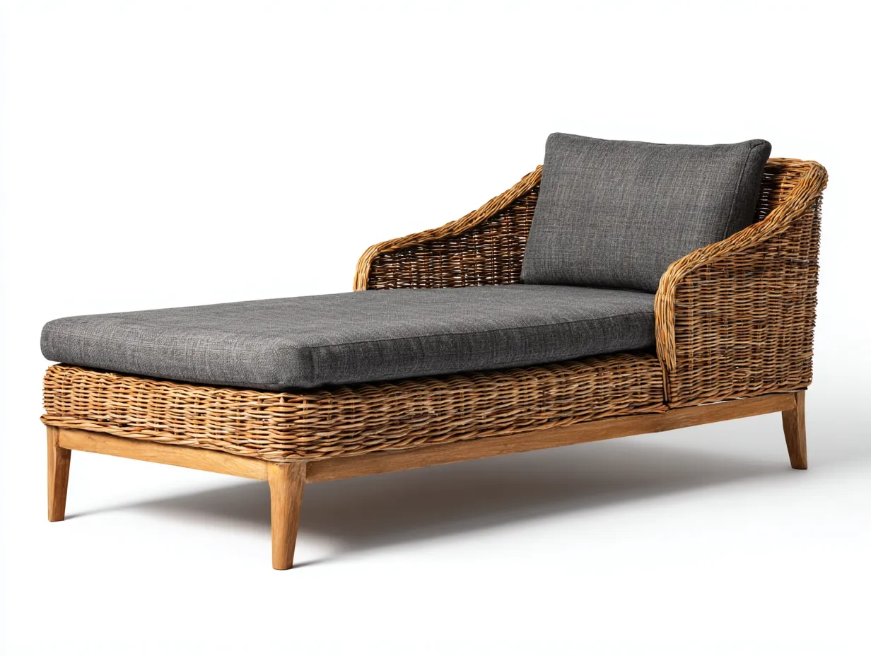 Tumbona de exterior de ratán y madera con respaldo lateral 195x70x75 cm - marrón y gris - diseño natural para jardín y terraza-Havenupyard