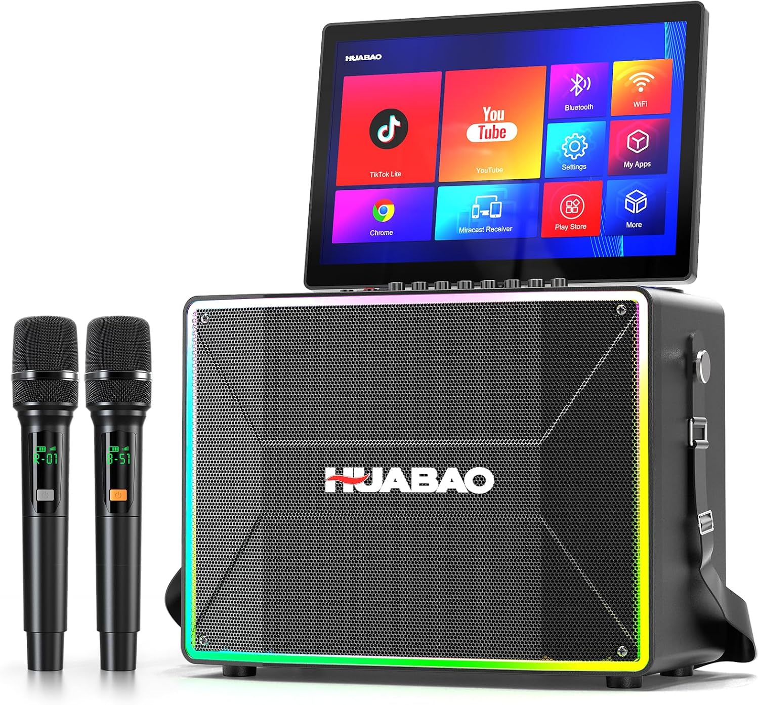 Máquina de karaoke inteligente - Tableta de 14 pulgadas - 2 micrófonos inalámbricos - WiFi HDMI luces LED negra-Havenupyard