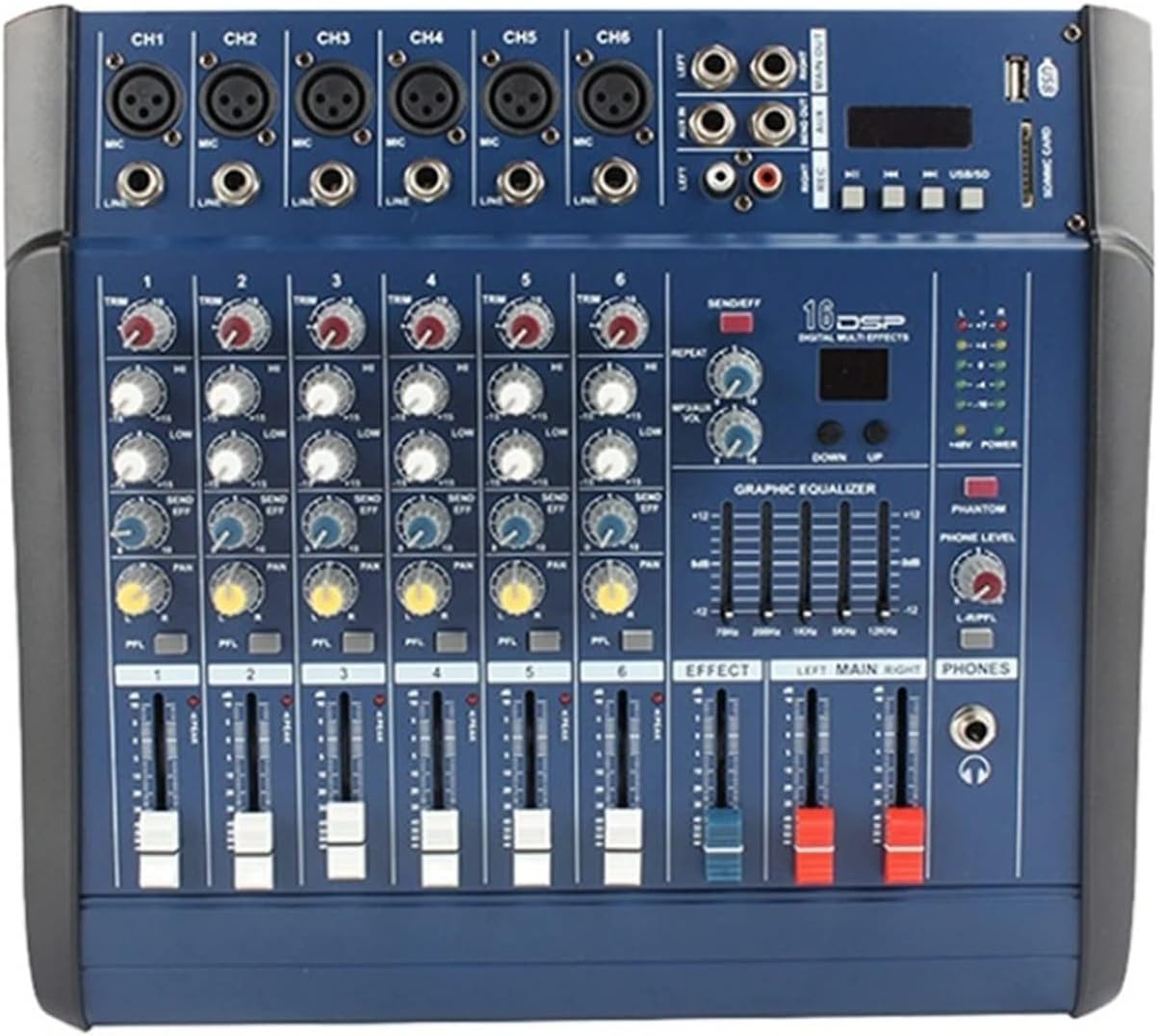 Mezclador de audio profesional de 6 canales - consola con grabación alimentación phantom 48 V Bluetooth y cable eléctrico-Havenupyard
