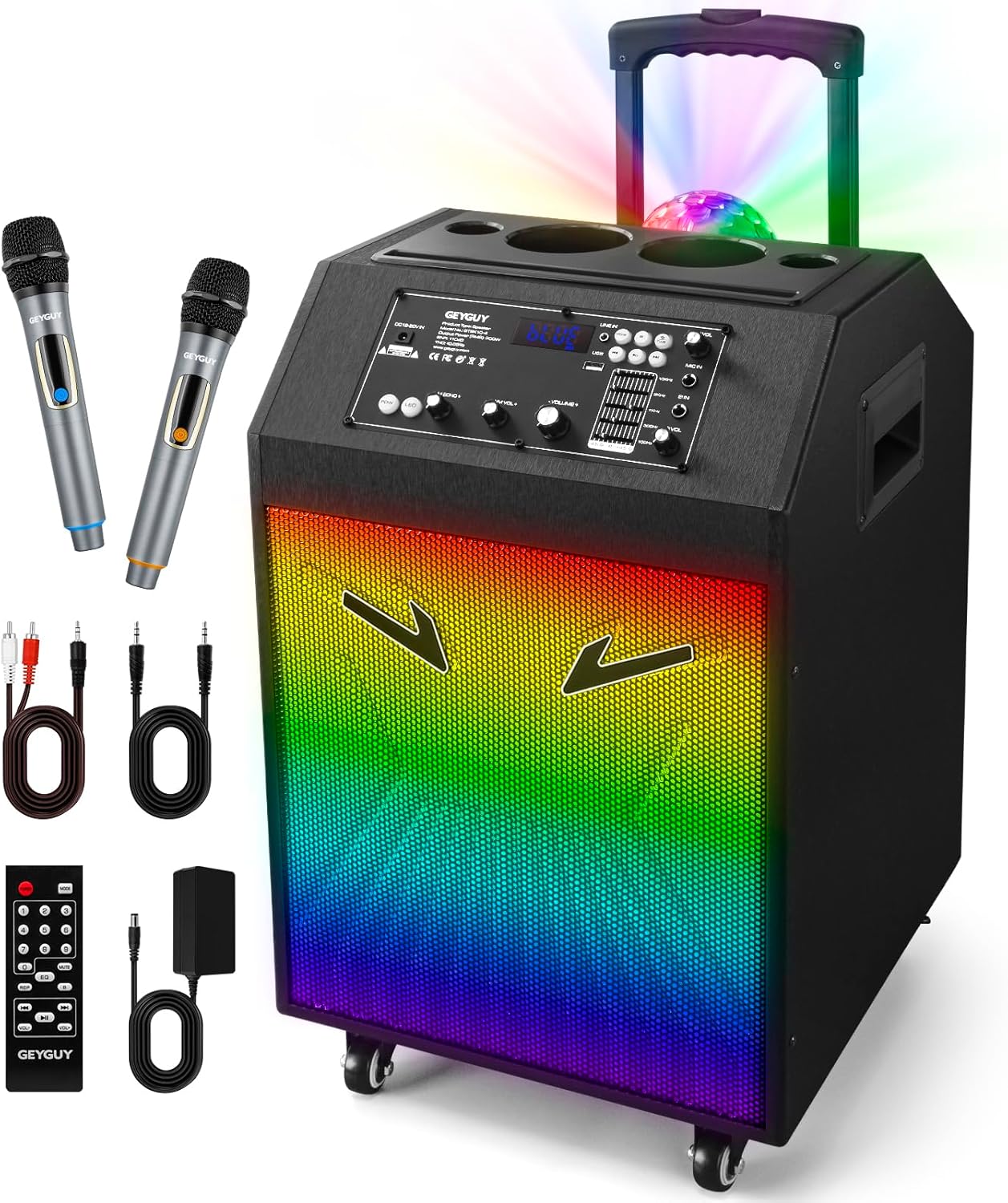 Máquina de karaoke portátil con ruedas - Altavoz Bluetooth - 2 micrófonos - Luces de discoteca - Varios colores-Havenupyard