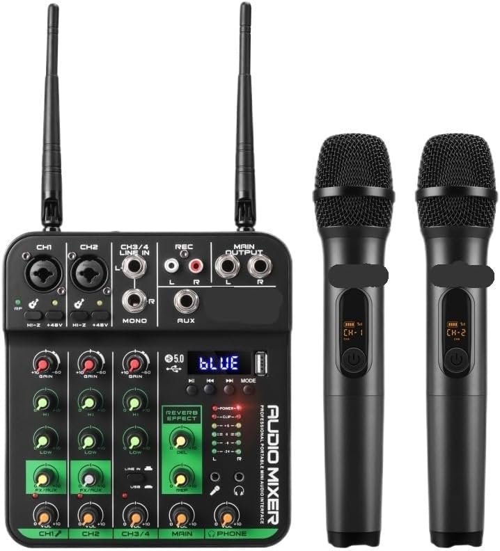Mezclador de audio UHF de 4 canales - set de 2 unidades con 2 micrófonos inalámbricos y tarjeta de sonido USB-Havenupyard