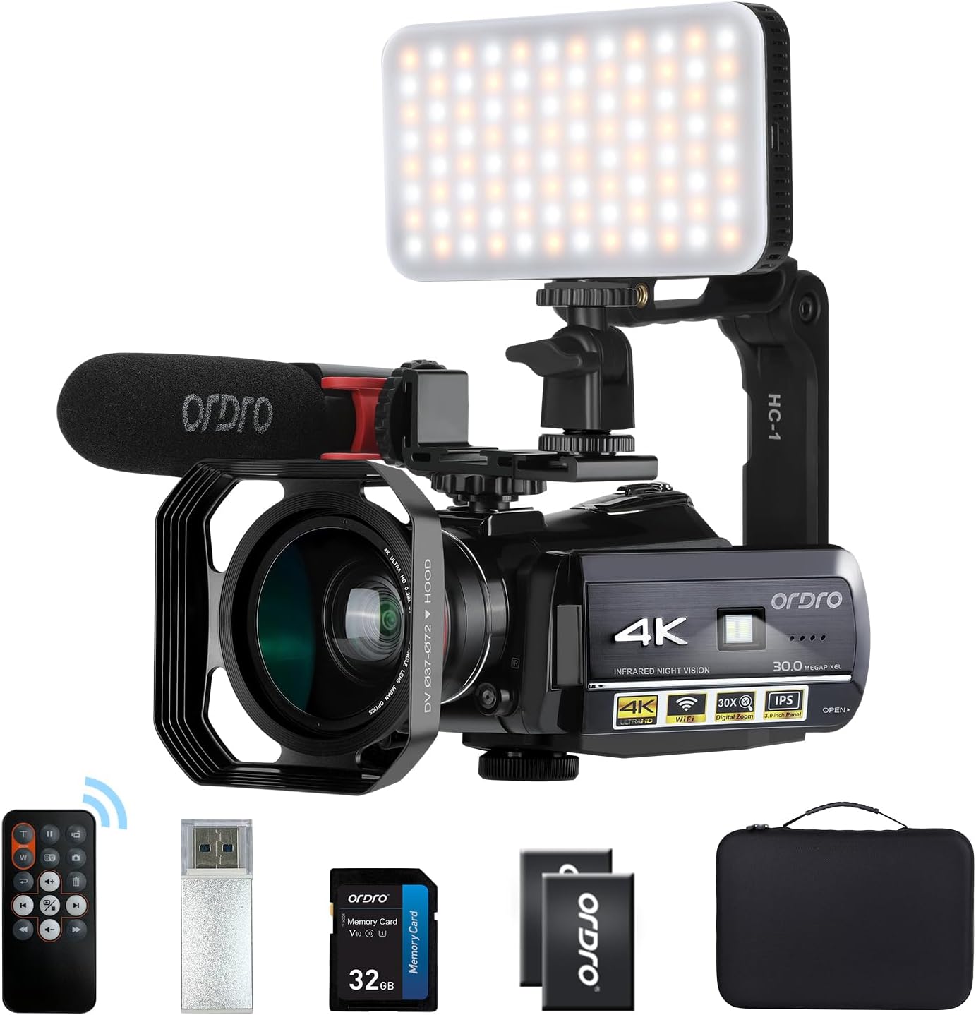 ORDRO AC3 - videocámara 4K para YouTube y vlogging - FHD 1080p 60 fps - visión nocturna IR - micrófono - luz LED - SD 32 GB-Havenupyard