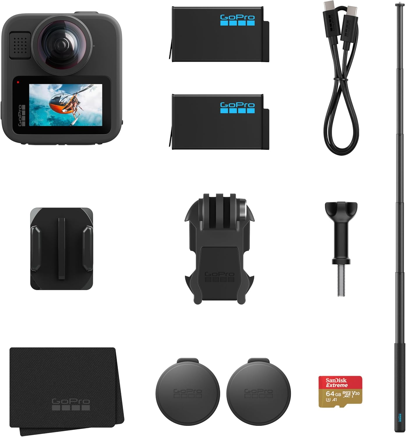 GoPro MAX2 - paquete cámara de acción 8K - captura 360 grados - poste de extensión - dos baterías Enduro - tarjeta microSD 64 GB-Havenupyard