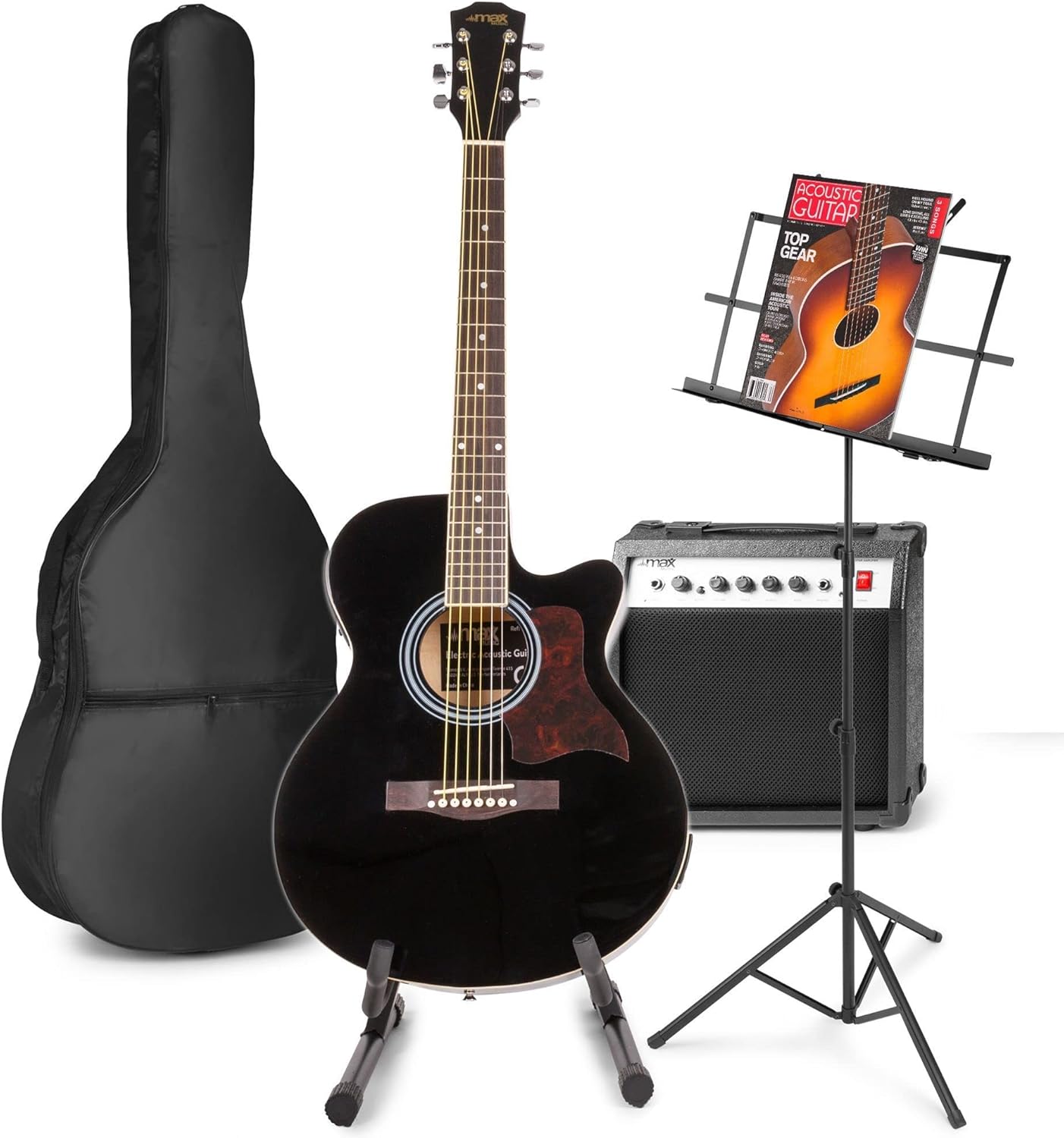 MAX Guitarra electroacústica negra - set completo con amplificador 40 W - accesorios para todos los niveles-Havenupyard