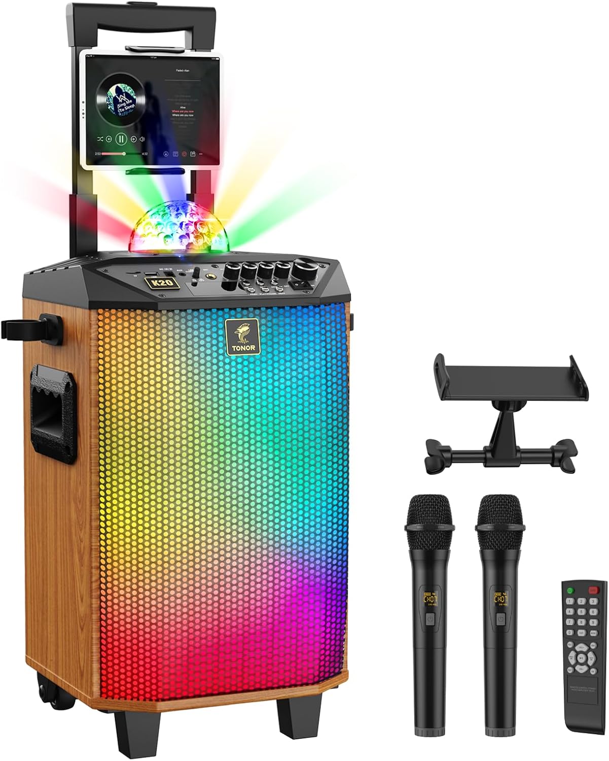 TONOR máquina de karaoke para adultos - altavoz Bluetooth portátil - dos micrófonos inalámbricos - luz de bola de discoteca - nogal-Havenupyard