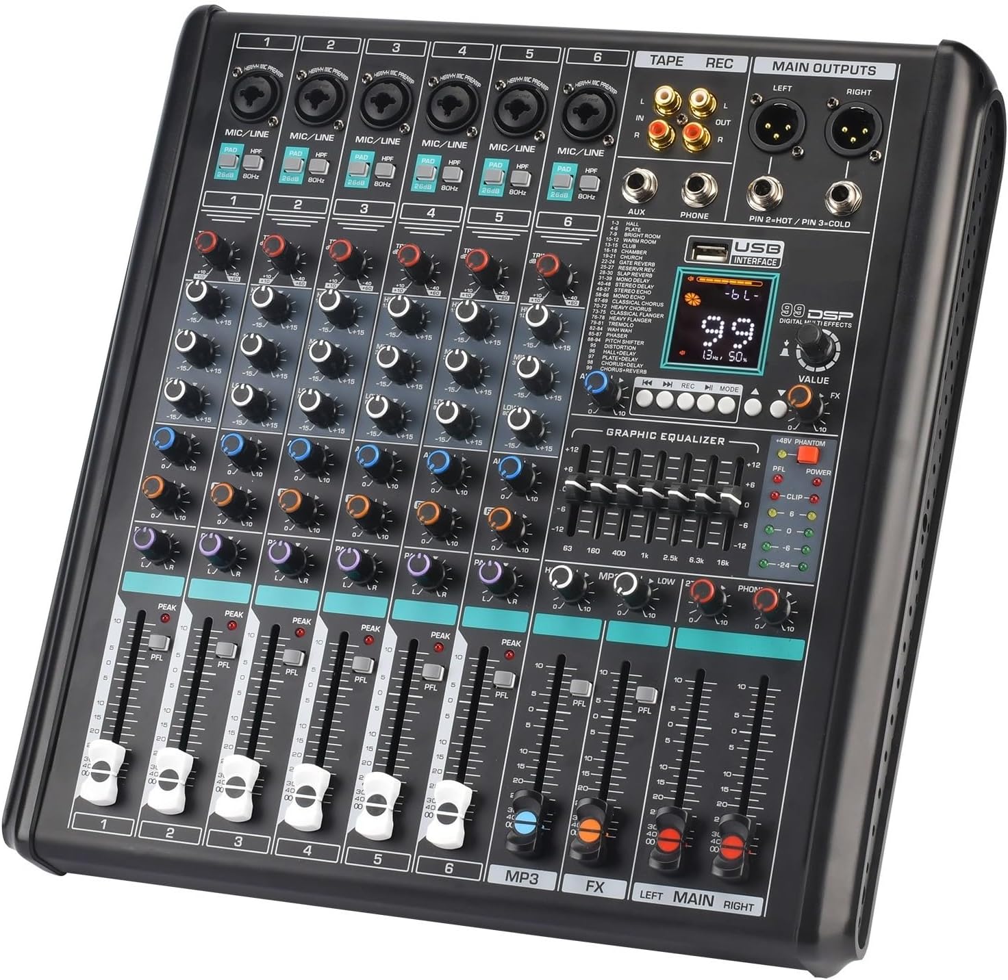 Mezclador de sonido de 6 canales mono - consola con corte bajo 99 efectos DSP ecualizador y grabación USB-Havenupyard