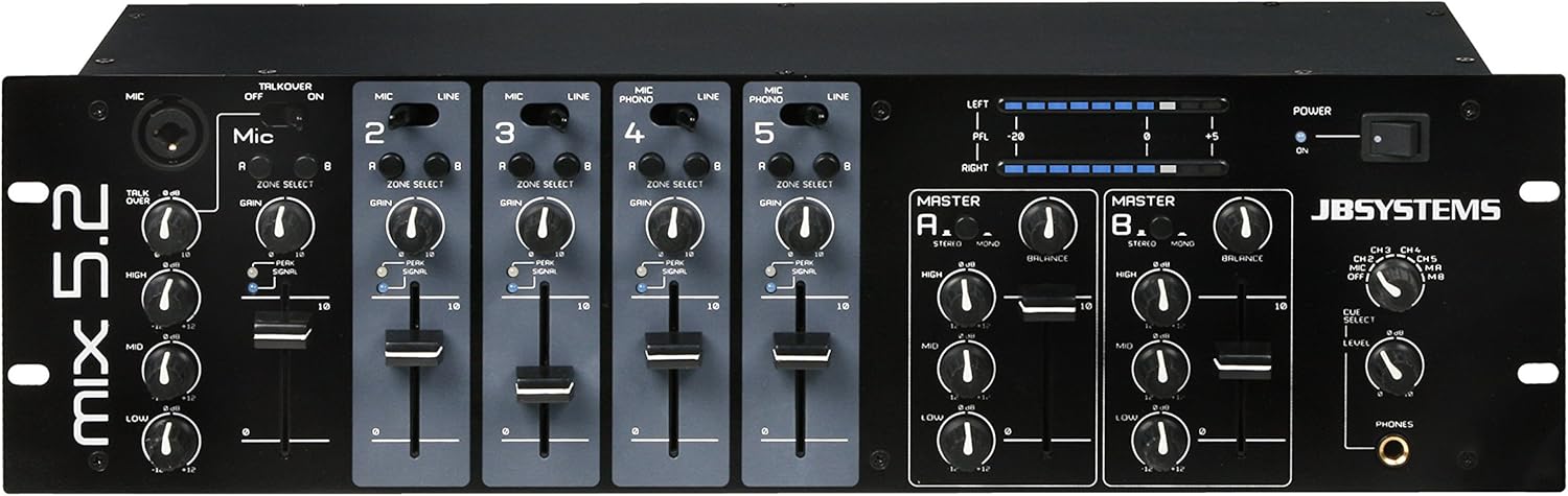 JB Systems Mix 5.2 - Mezclador de 5 canales - conectividad RCA y entrada XLR para DJ e instalación de audio-Havenupyard