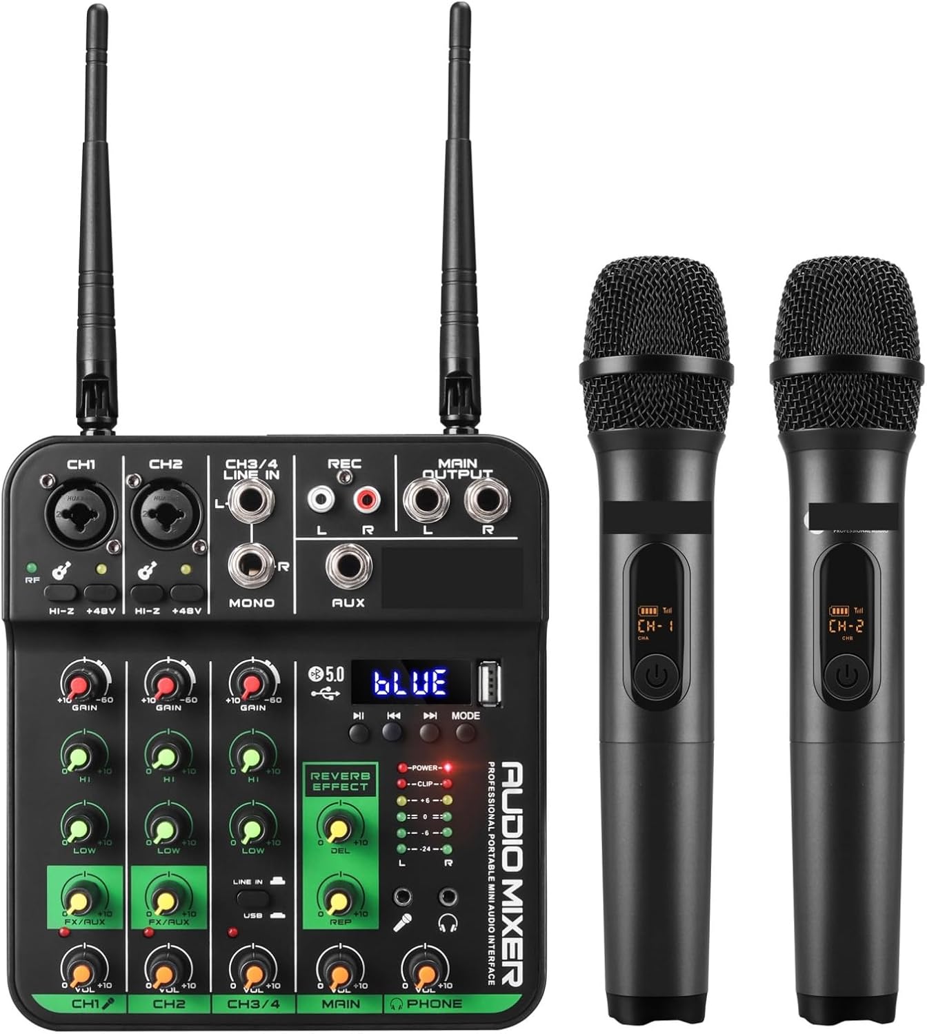 Mezclador de audio MC-20H UHF de 4 canales - 2 unidades con micrófonos inalámbricos duales y Bluetooth 5.0-Havenupyard