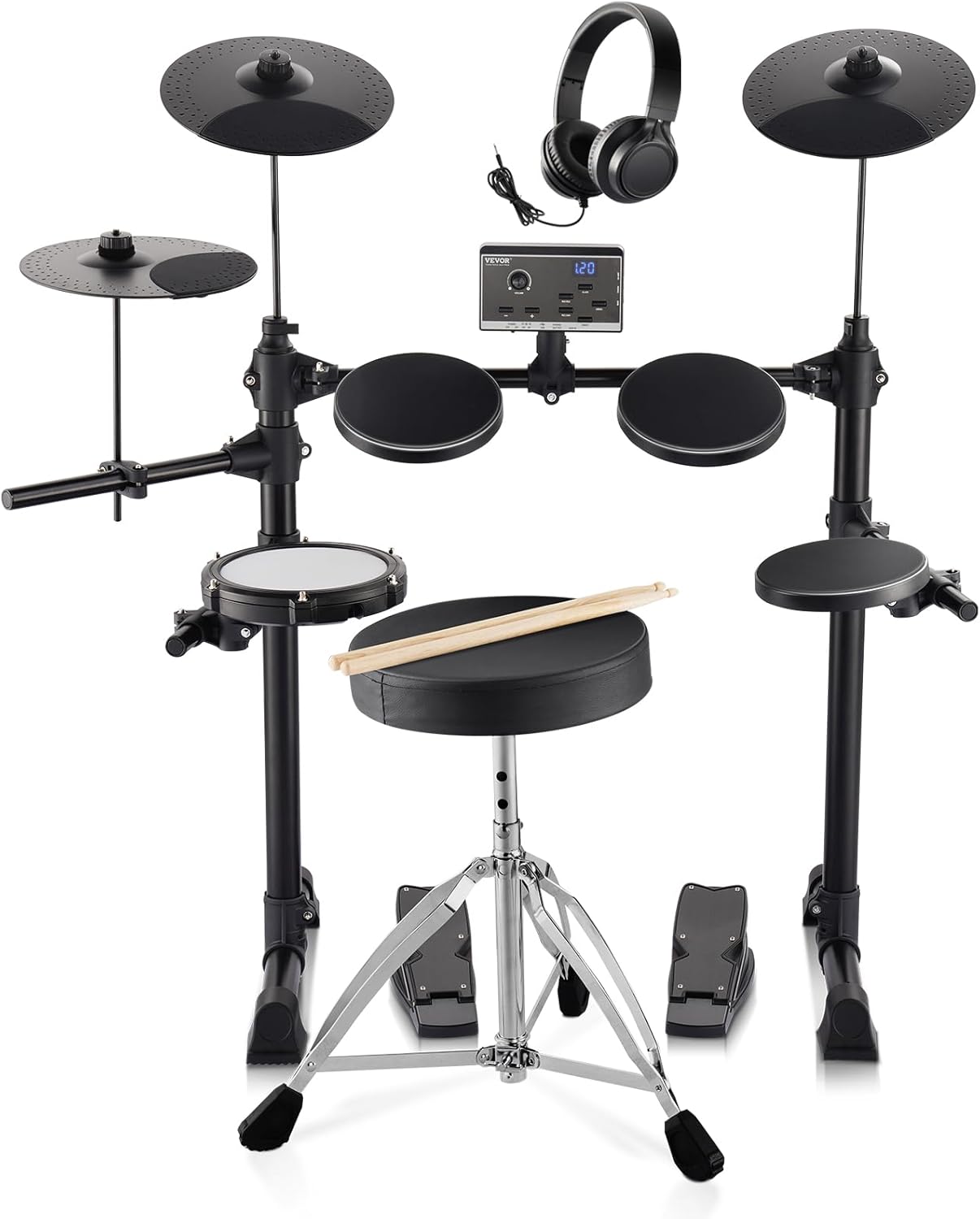 Kit de batería electrónica VEVOR 15 piezas - 150 sonidos - caja de malla - USB MIDI - 3 platillos - baquetas y auriculares-Havenupyard