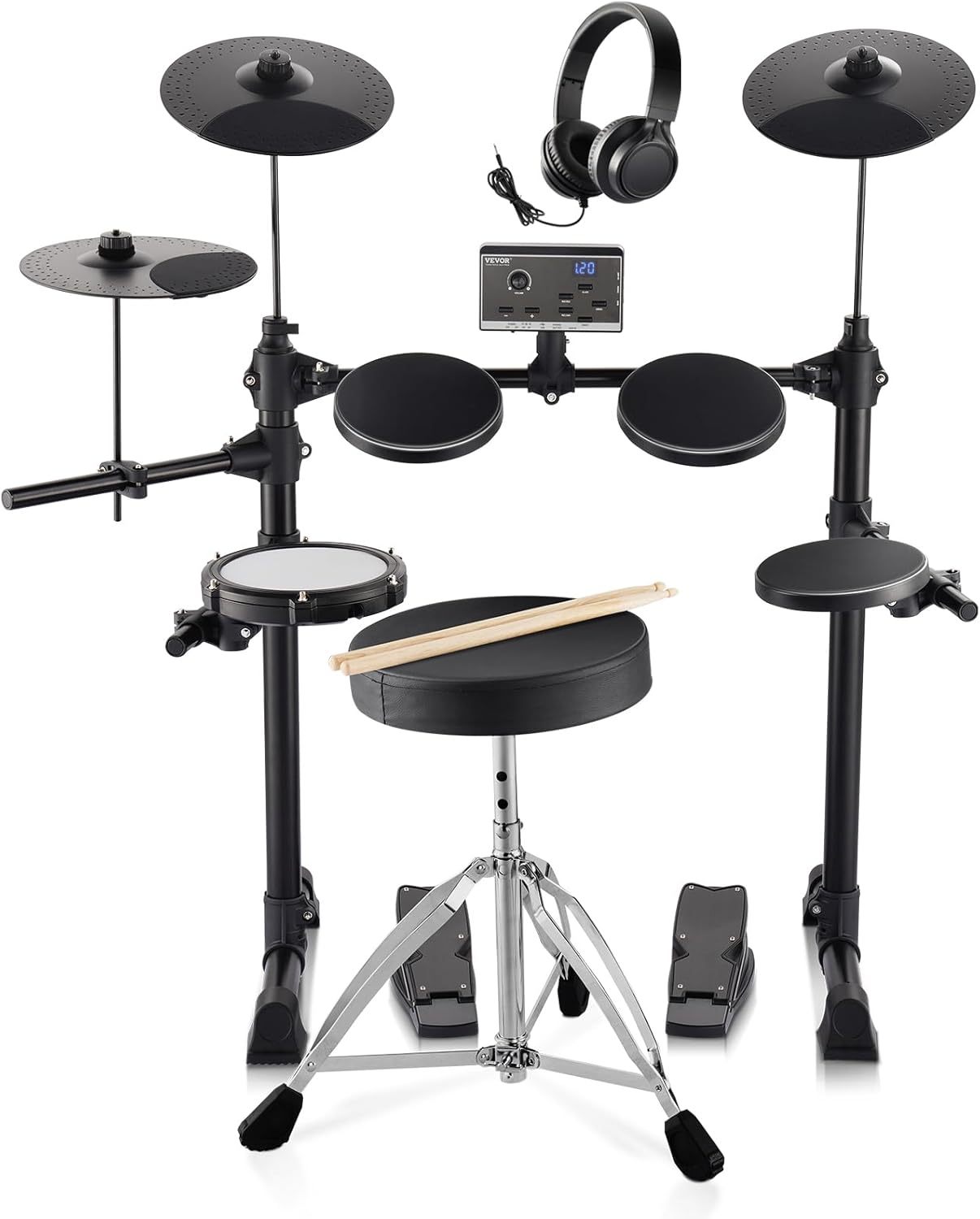 Kit de batería electrónica VEVOR 15 piezas - 150 sonidos - caja de malla - USB MIDI - 3 platillos - baquetas y auriculares-Havenupyard