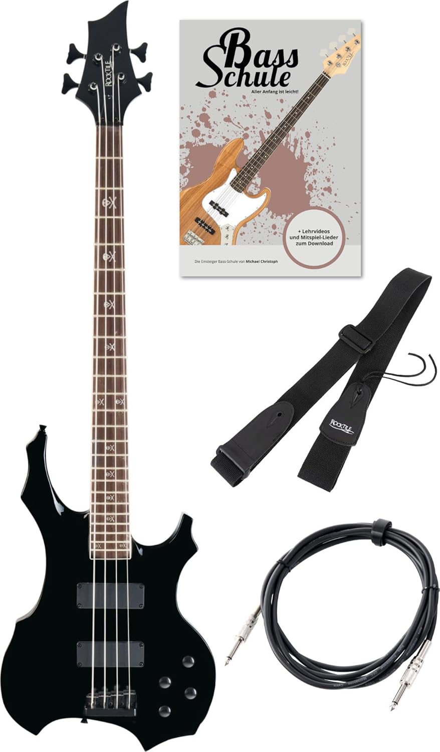 Rocktile Pro BB104 B BattleBone - Set de bajo eléctrico negro - 4 cuerdas con correa cable y escuela de bajo-Havenupyard