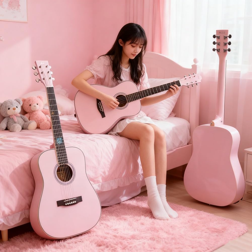 Guitarra acústica de 38 pulgadas para principiantes - Kit rosado de seis cuerdas - funda incluida - para adultos-Havenupyard