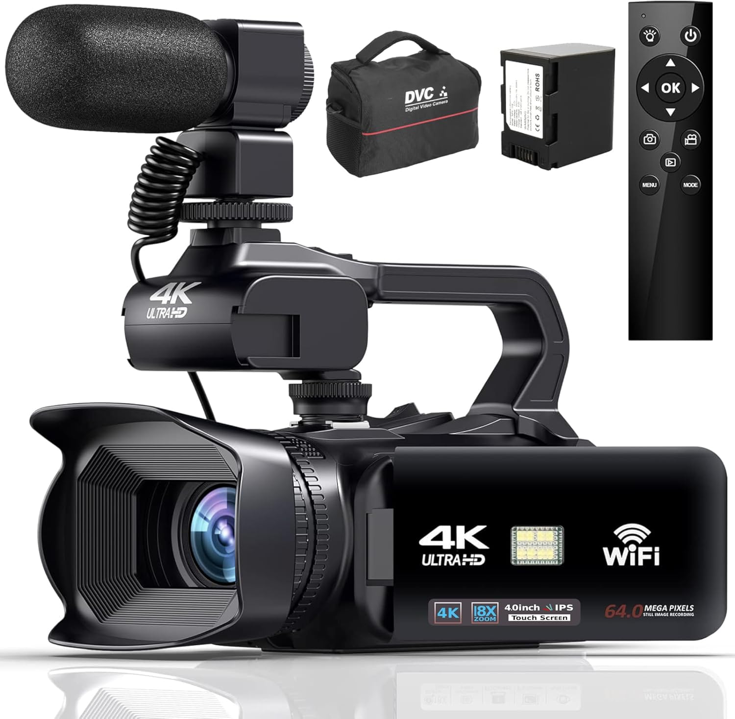 Videocámara 4K para vlogging - cámara de vídeo 64 MP - zoom digital 18 aumentos - pantalla táctil 4 pulgadas - micrófono-Havenupyard