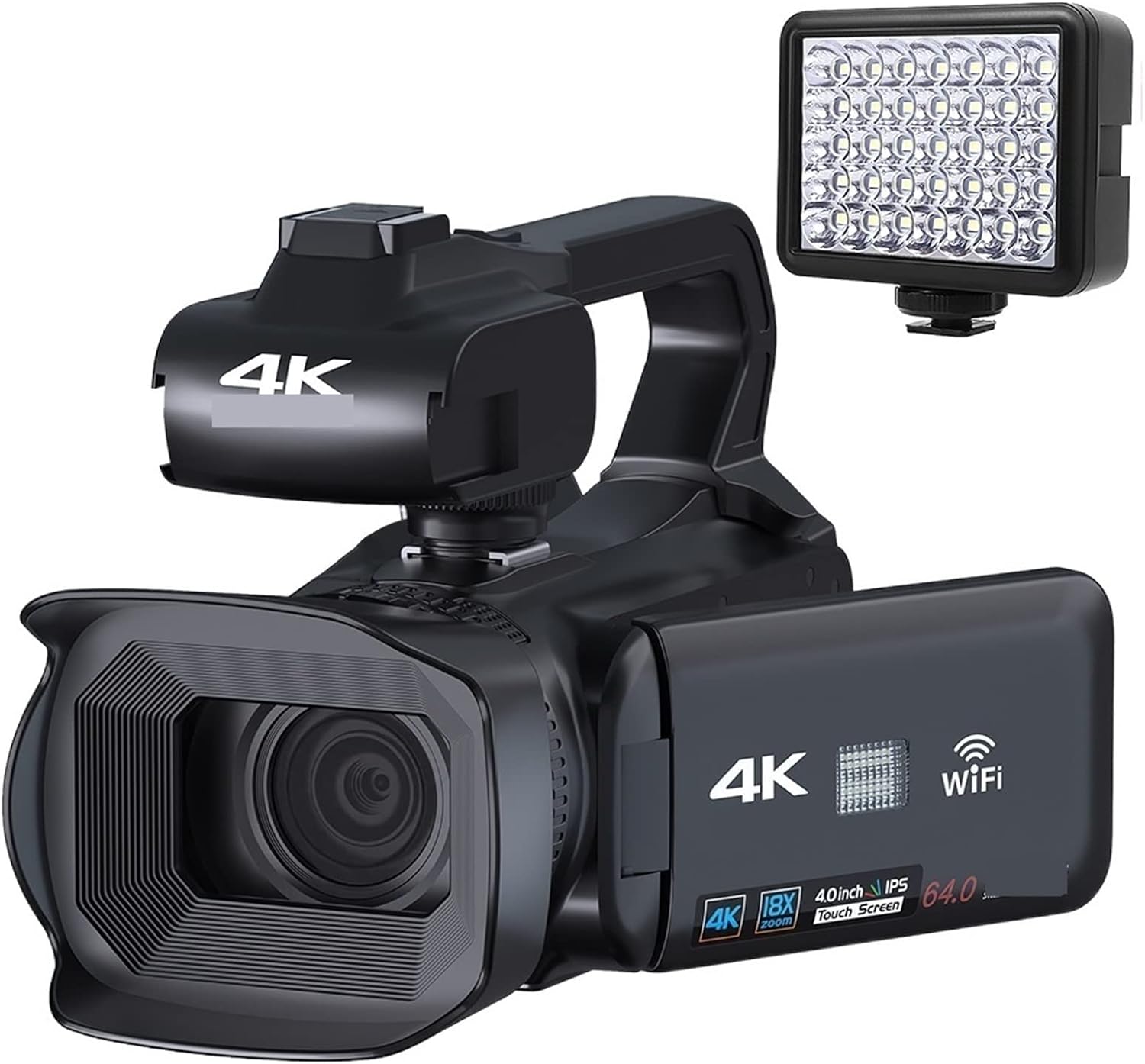 Cámara digital profesional 4K - videocámara vlog 64 MP - zoom digital 18 aumentos - webcam - time lapse - tarjeta SD 128 GB - con luz-Havenupyard