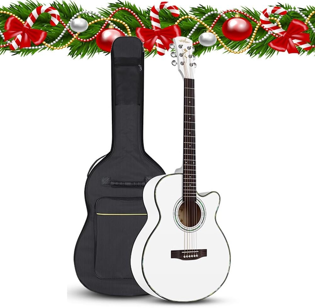 Guitarra acústica para principiantes - kit completo blanco de 40 pulgadas con funda correa afinador y diseño cutaway-Havenupyard