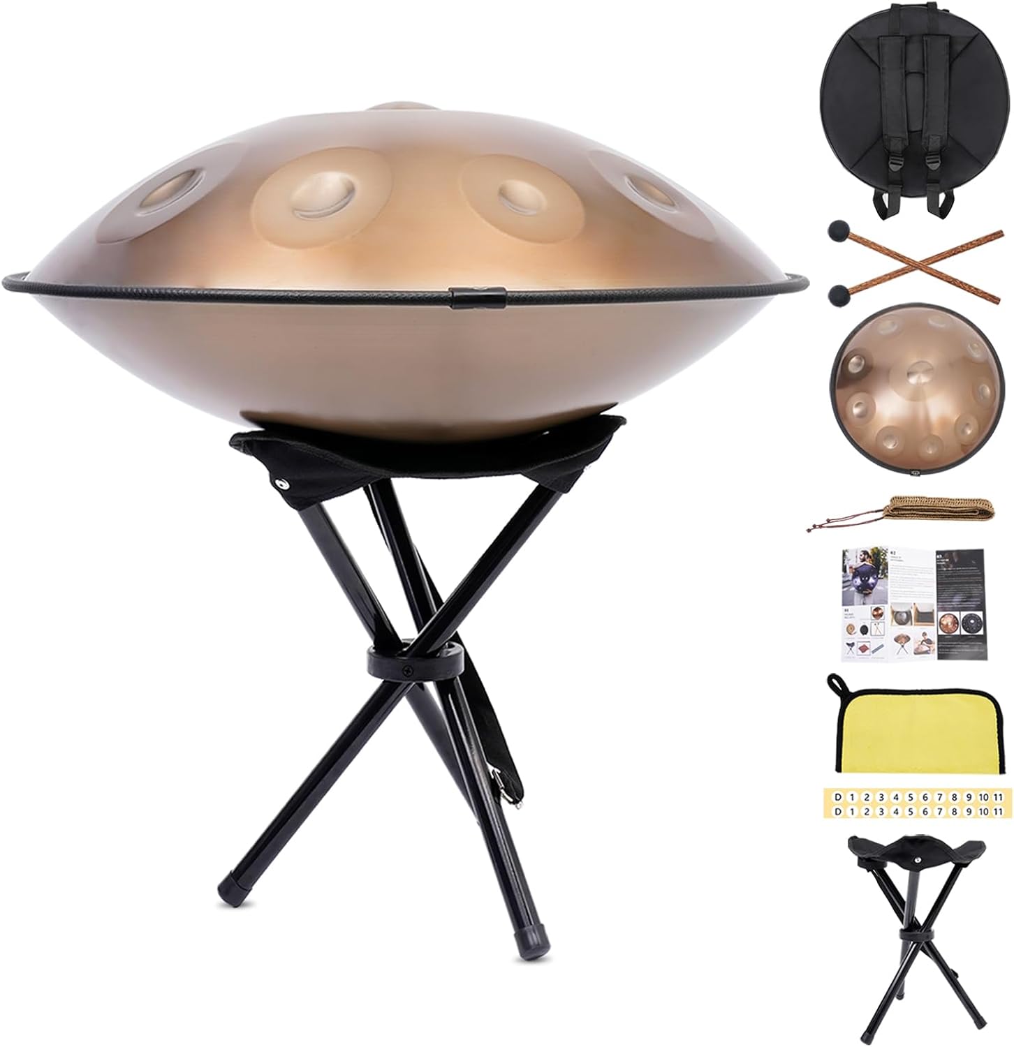 Handpan Zanefoo 432 Hz - Tambor metálico dorado de 10 tonos - Percusión para meditación yoga y regalo-Havenupyard