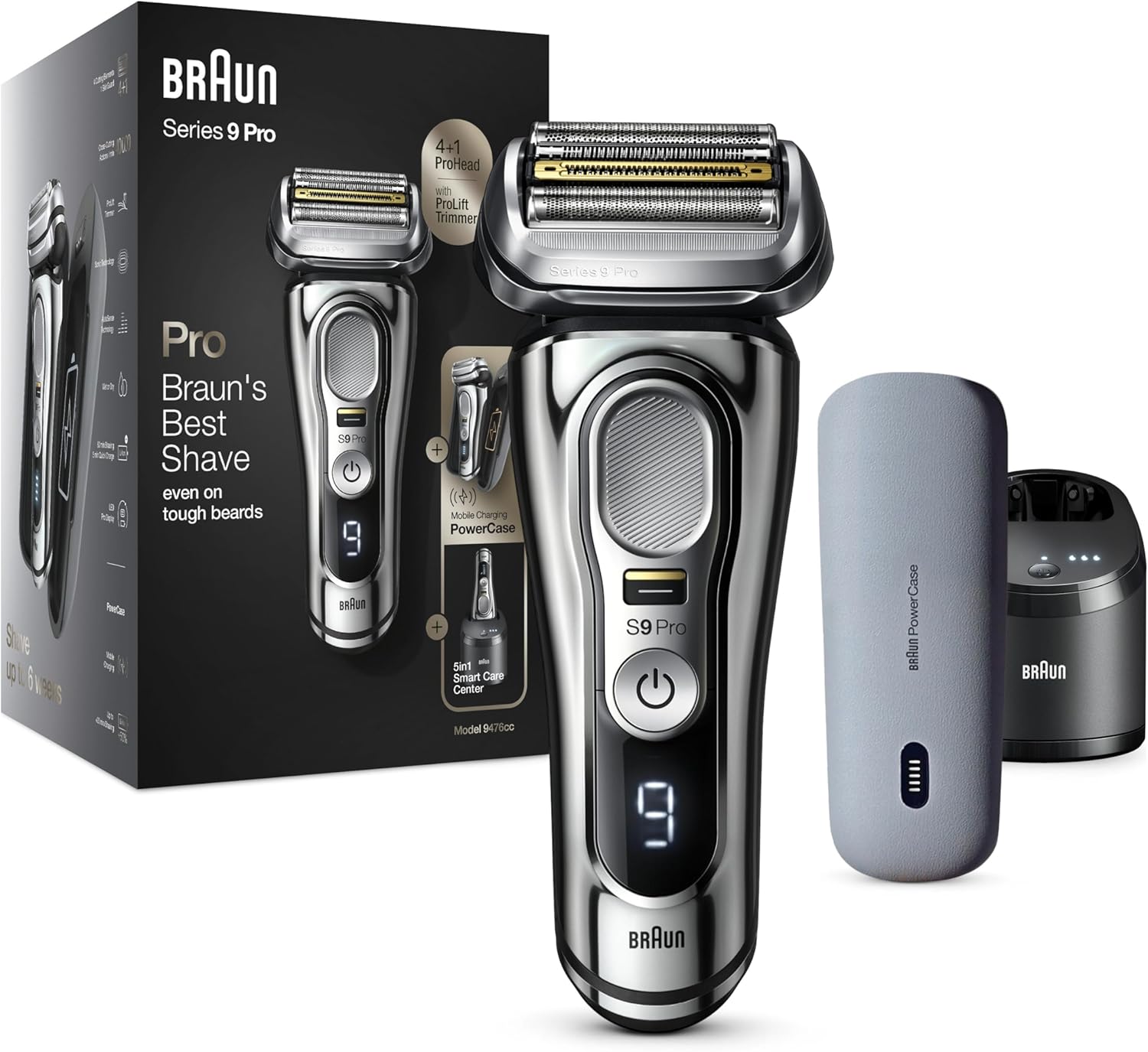 Braun Series 9 Pro Premium Elektrorasierer Herren 9476cc mit ProLift Trimmer, Scherkopf, PowerCase, Reinigungsstation, 60 Minuten Akku, Nass- und Trockenrasierer Chrom-Nestmyhut