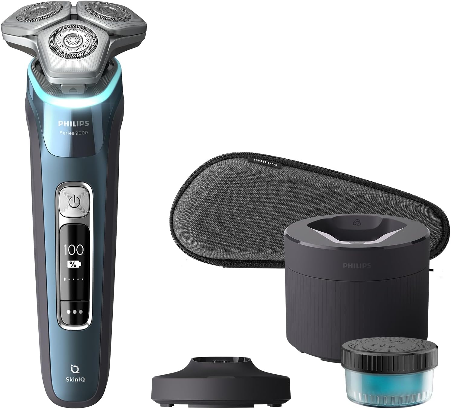 Philips Shaver Series 9000 Elektrorasierer S9982/55 Nass- und Trockenrasierer mit Lift-and-Cut System, SkinIQ Technologie, Pop-up Trimmer, Reinigungsstation, Ladestation, Reiseetui eisblau-Nestmyhut
