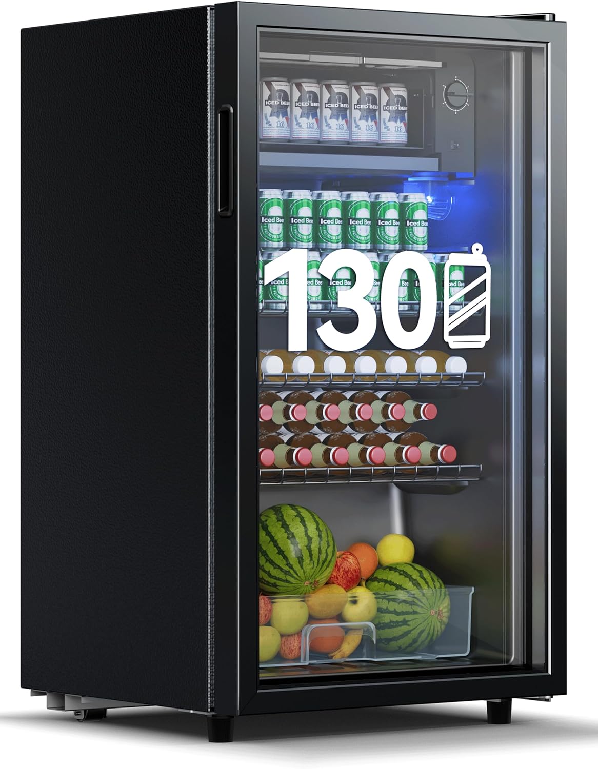 Devoko Getränkekühlschrank 93L für bis zu 130 Dosen, Kühlschrank mit Glastür und LED-Innenbeleuchtung, höhenverstellbare Regale für Cola, Bier und Wein, Schwarz-Nestmyhut
