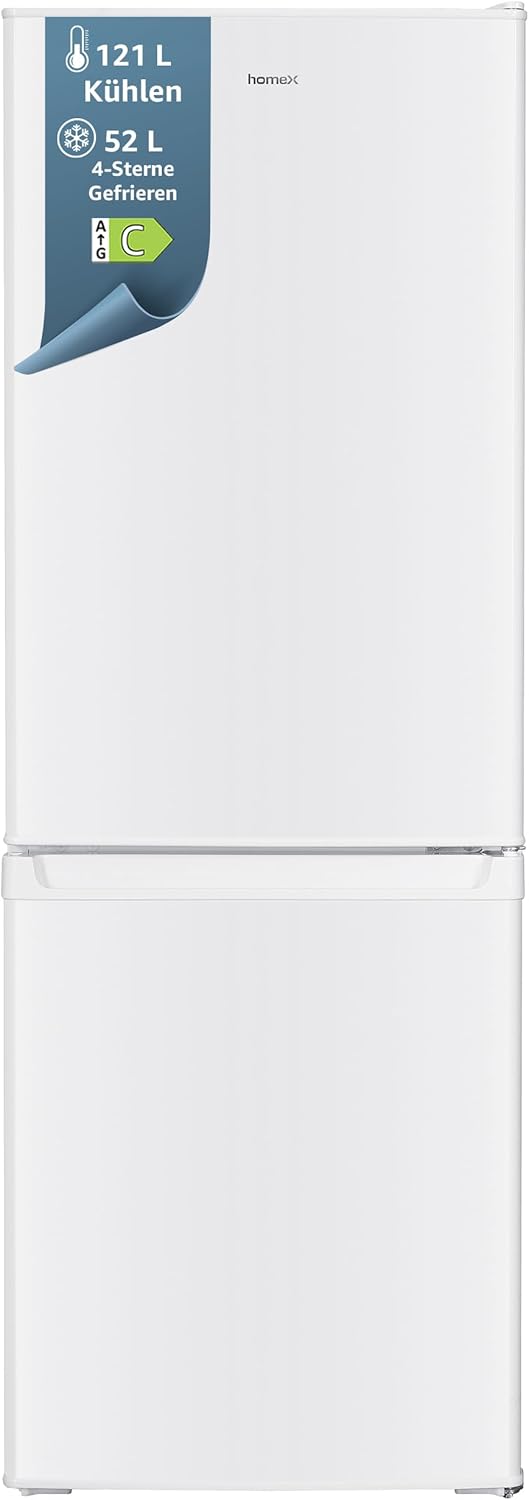 homeX CFS1110-W Kühl-Gefrierkombination freistehend 173L, Gefrierfach unten, 4-Sterne Gefrieren, leise 40dB, kompakte Kühlgefrierkombi 142,5 cm, Weiß-Nestmyhut